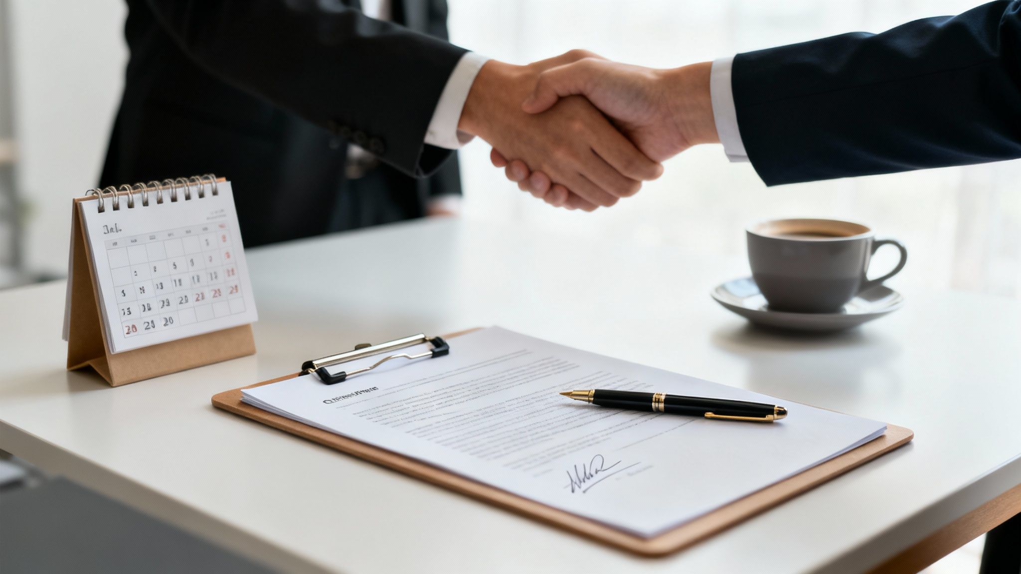 A person's hands signing a contract on a wooden desk, signifying the formal agreement between a law firm and a developer.