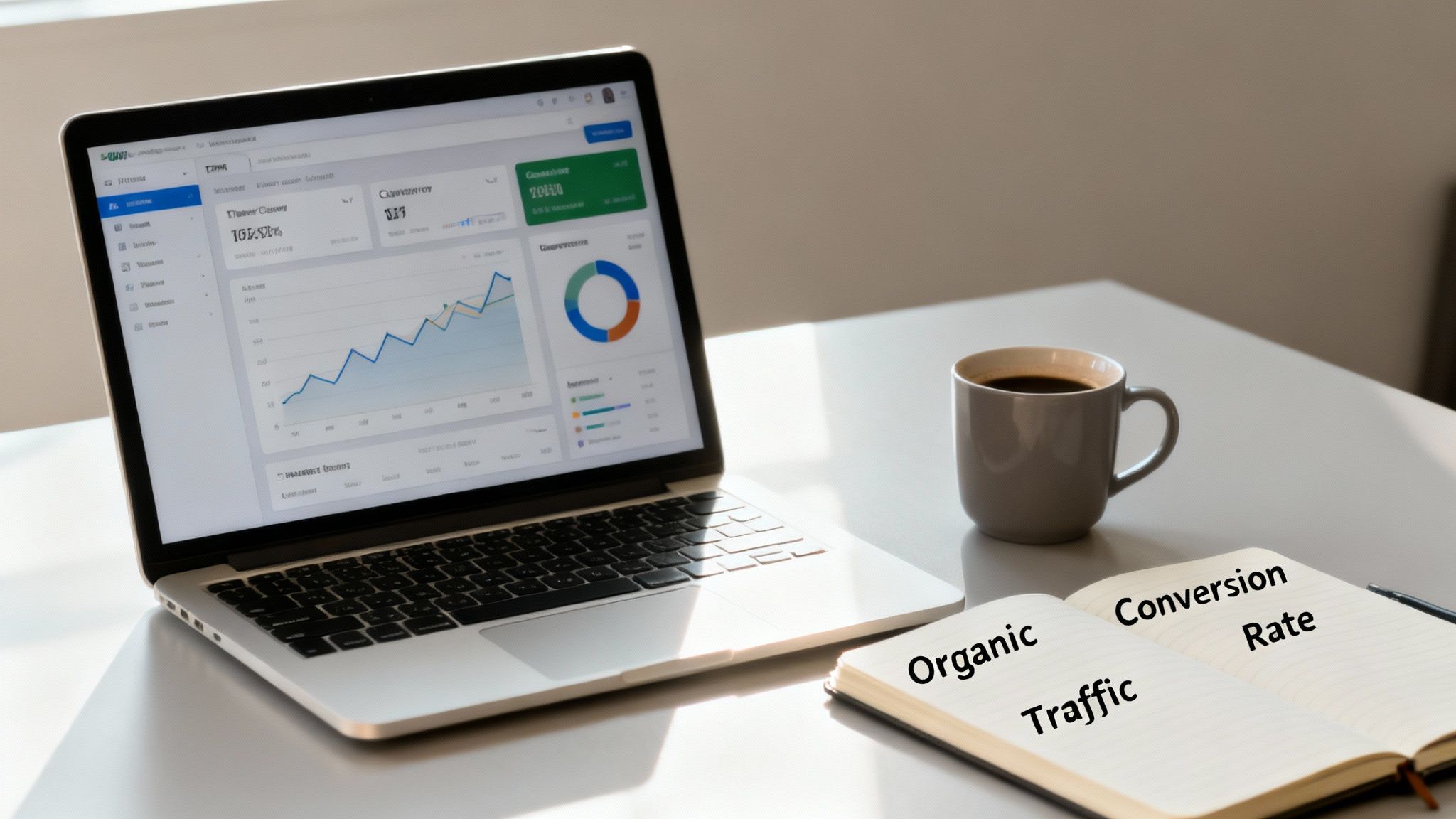 A laptop displays a data analytics dashboard next to a coffee cup and a notebook with SEO terms.