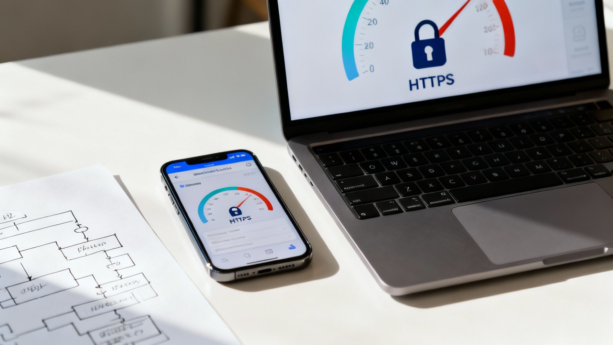 A person working on a laptop with code and website elements in the background, representing technical SEO.