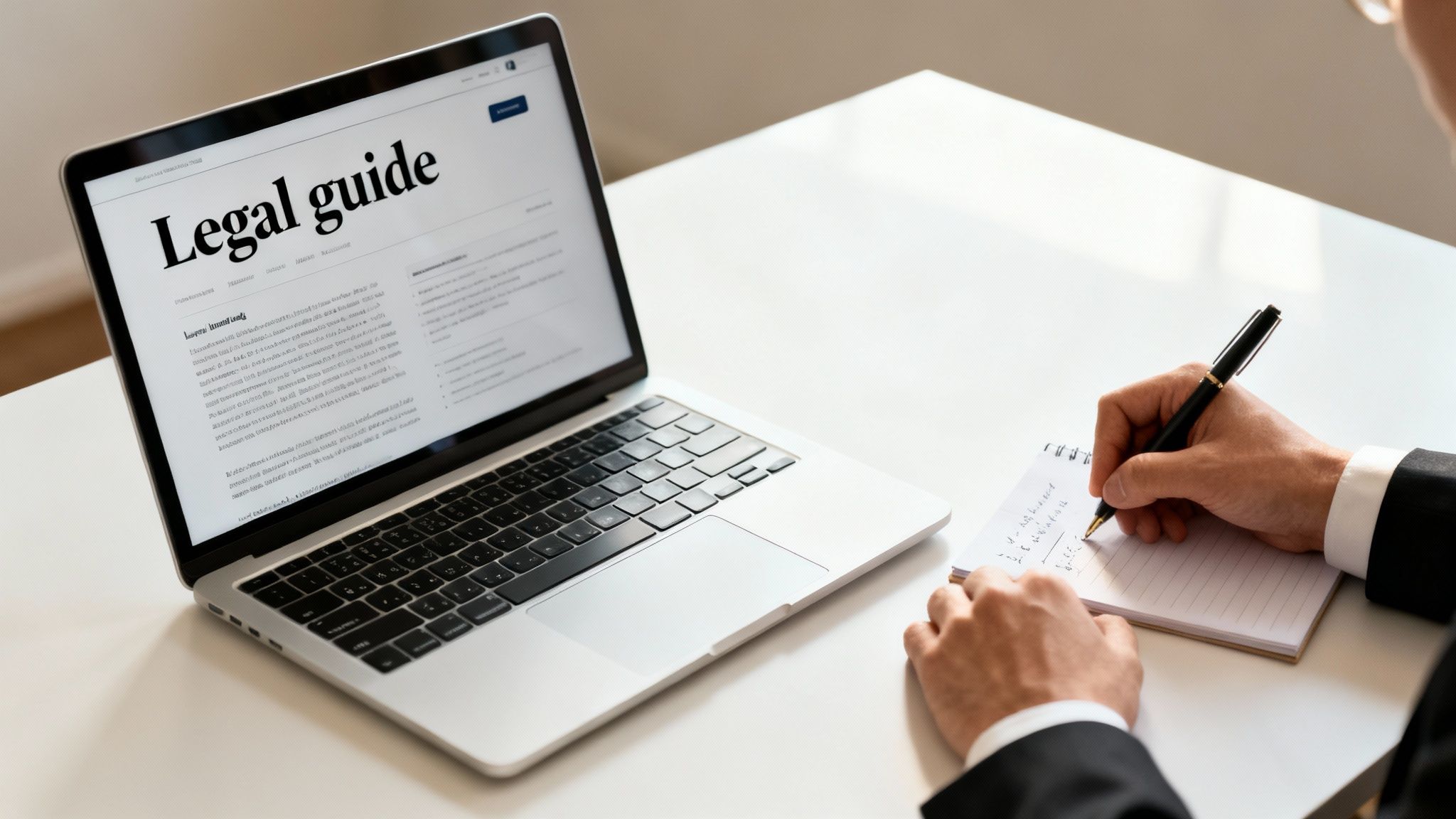 A person in a suit writes notes in a notebook while looking at a laptop with 'Legal guide' on screen.