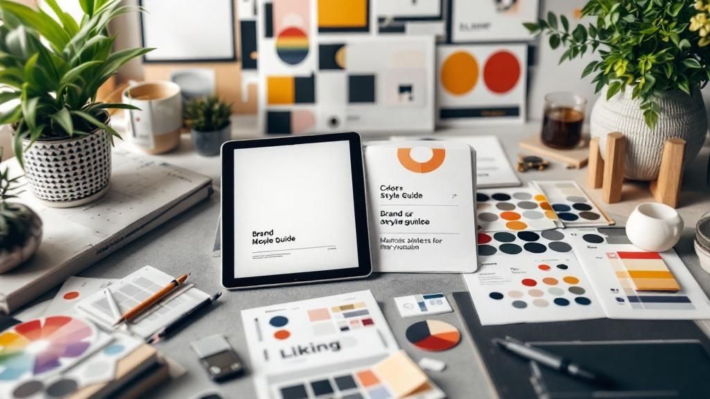 Infographic showcasing the key elements of a visual design system, including Colour Palette, Typography, Iconography, Imagery Style, and UI Components.