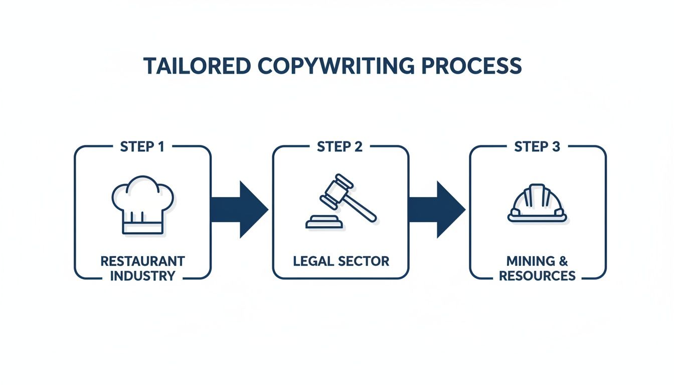 A tailored copywriting process infographic showing services for Restaurant, Legal, and Mining industries.