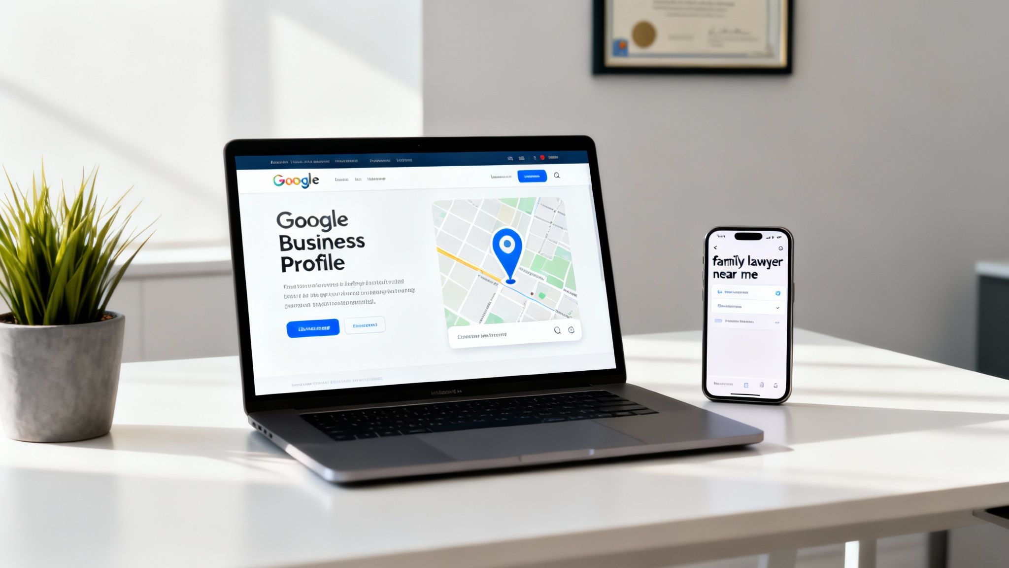 A laptop displays Google Business Profile with a map, beside a smartphone searching 'family lawyer near me' in an office.