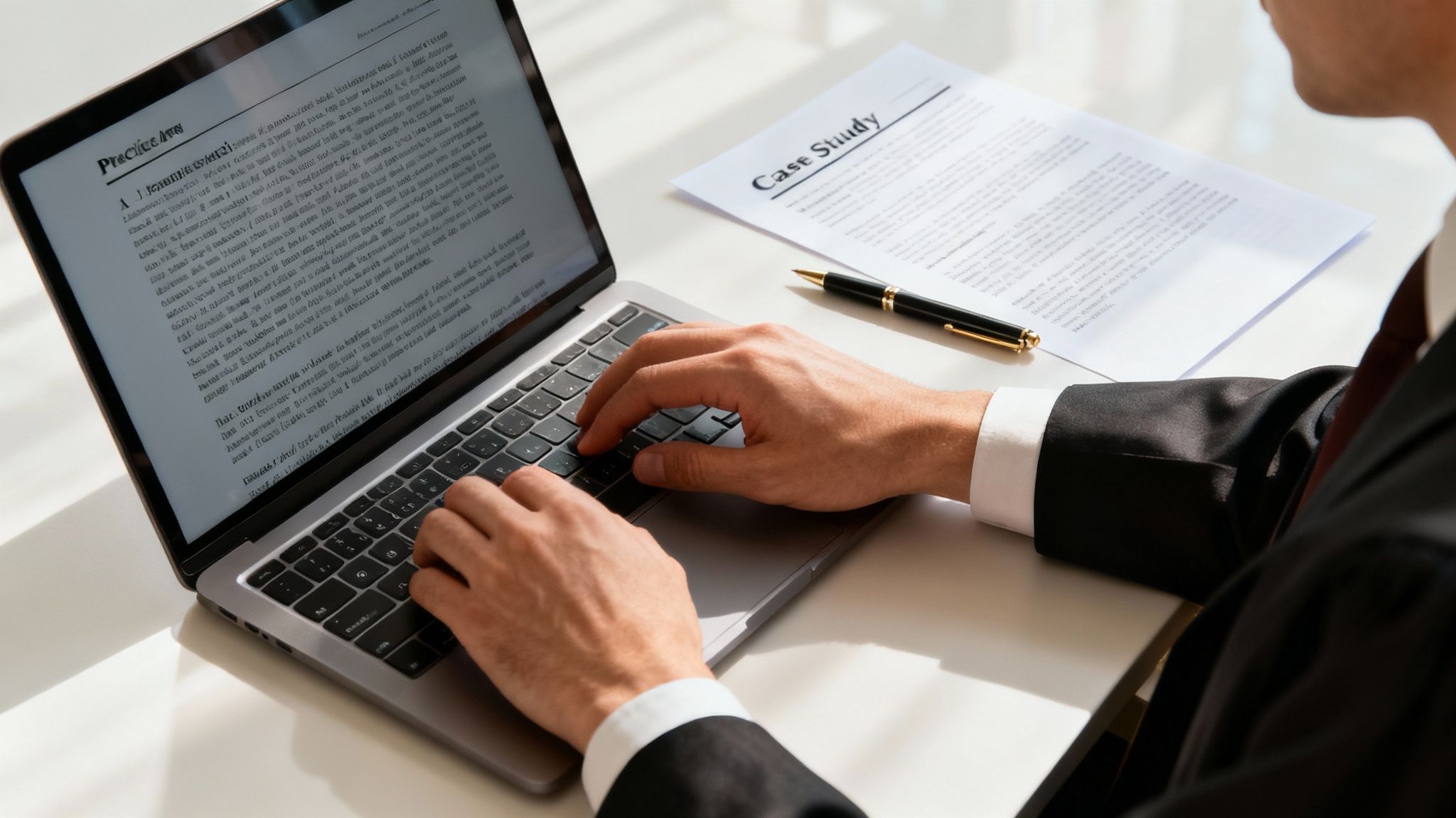 A lawyer reviewing documents at a desk
