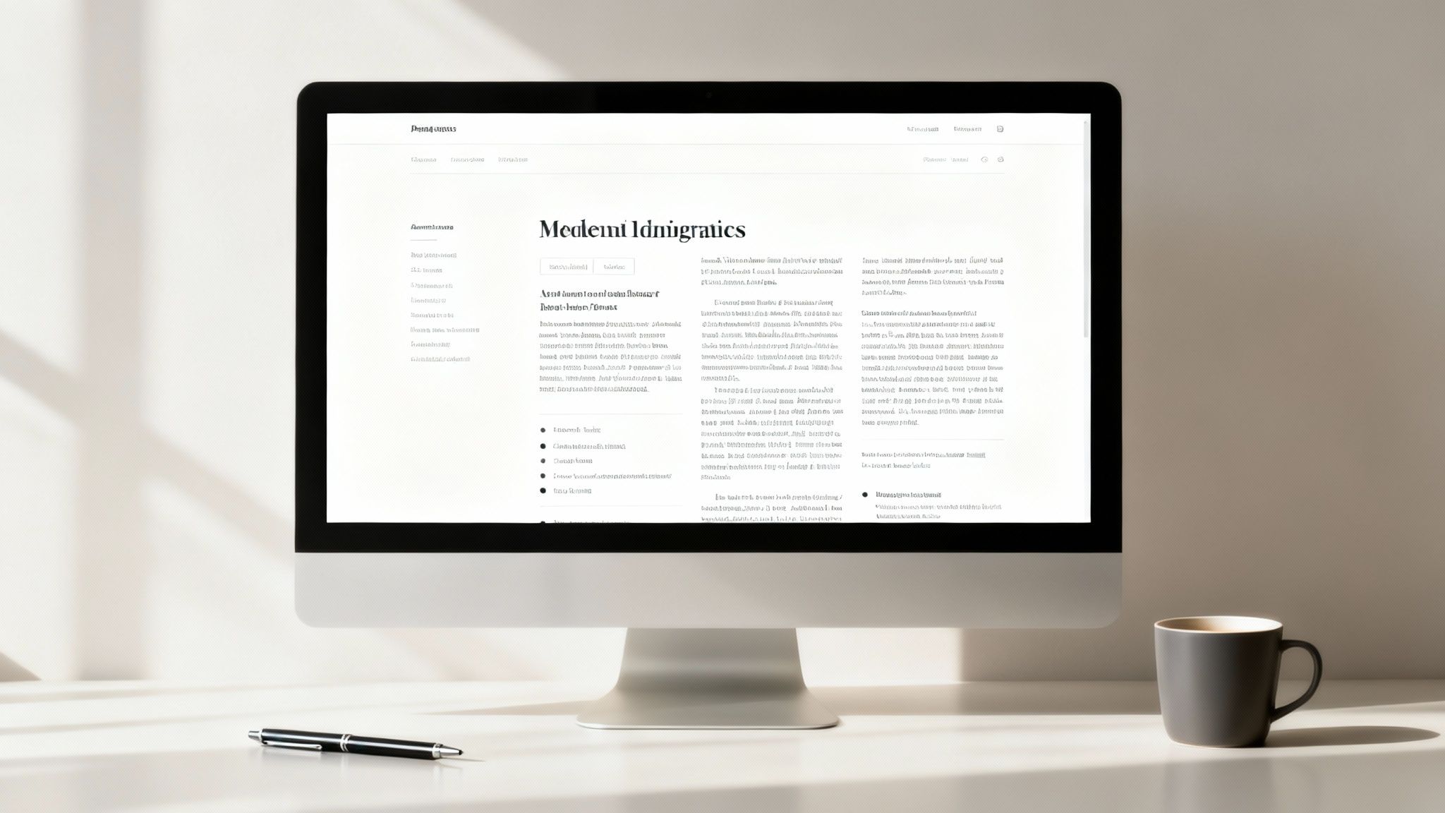 Desktop computer displaying medieval manuscripts website with coffee mug and pen on white desk