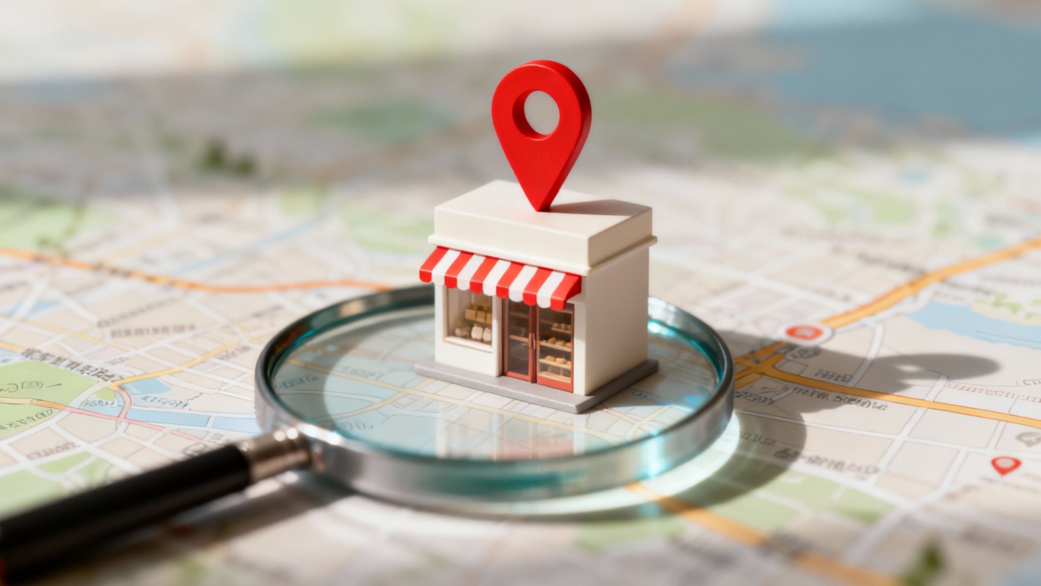 A person working on a laptop with a local map and location pins displayed on the screen.