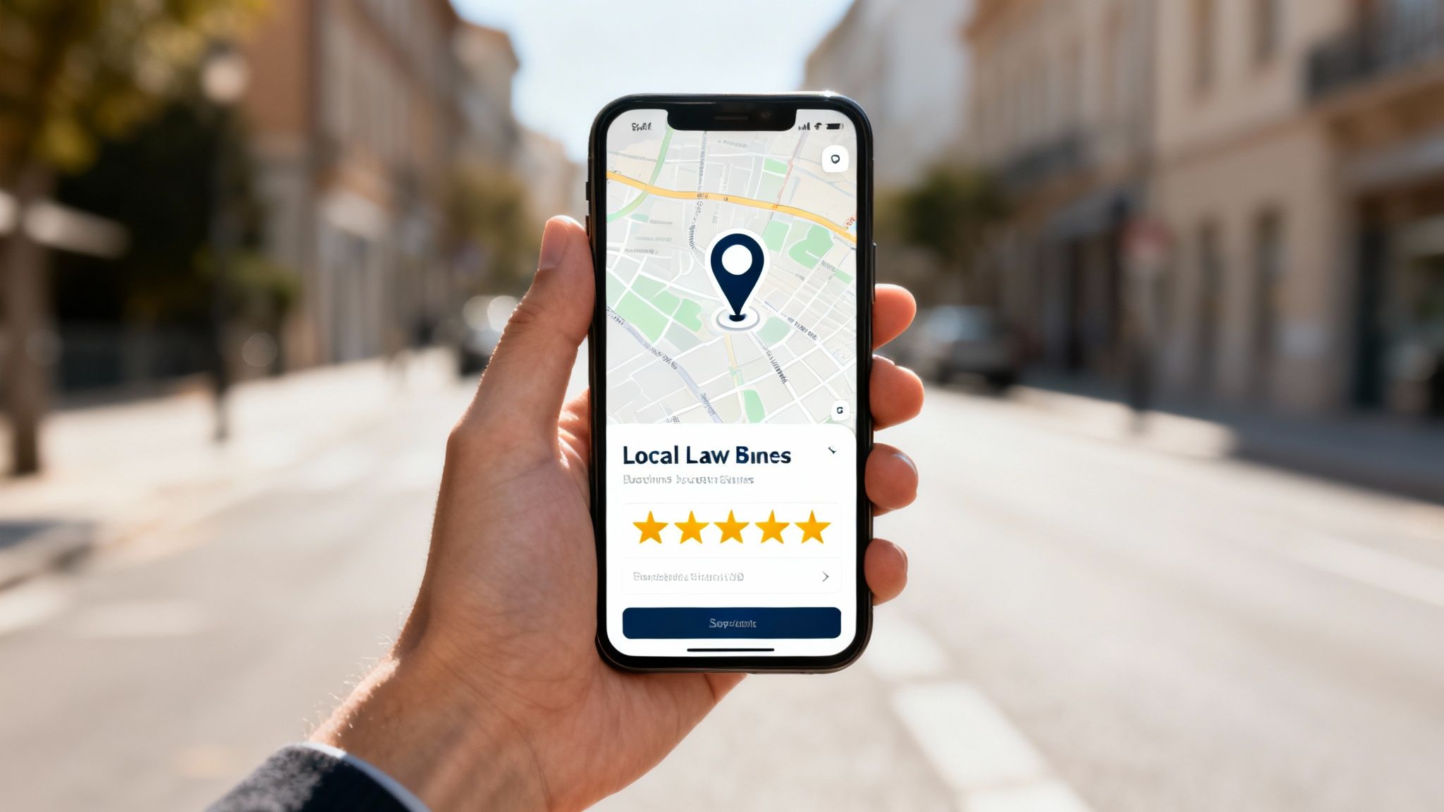 Hand holding a smartphone displaying a map application with a pinned location for 'Local Law Bines' on a street.