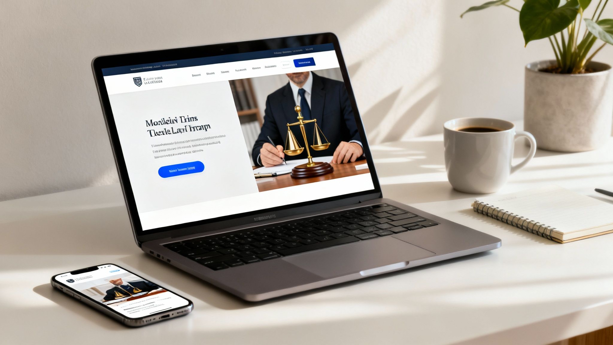 A modern workspace with a laptop and smartphone displaying a law firm's website, coffee, and plant.