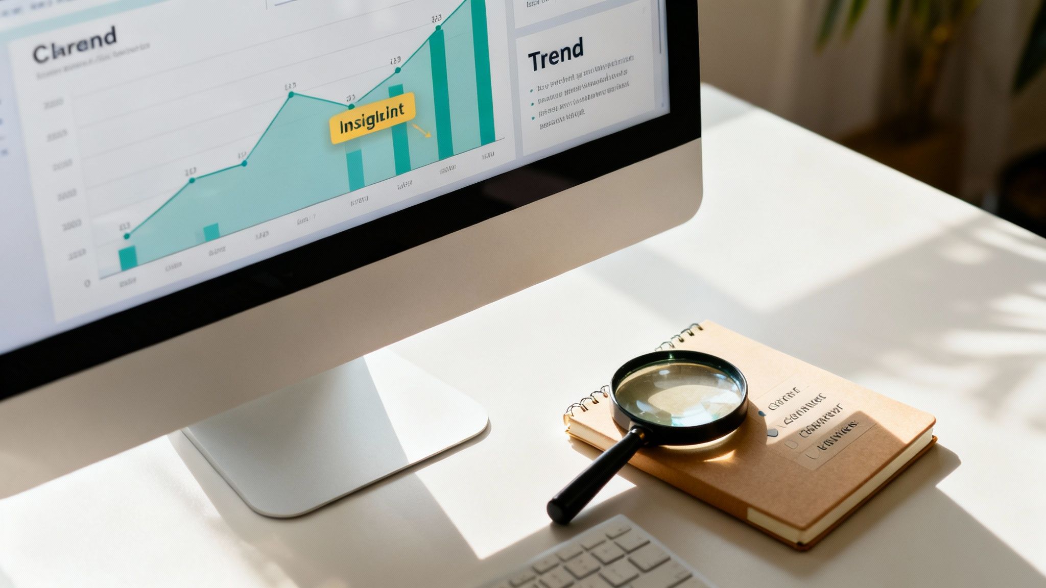 Computer monitor displaying business data charts and trends with magnifying glass on notebook for market research analysis