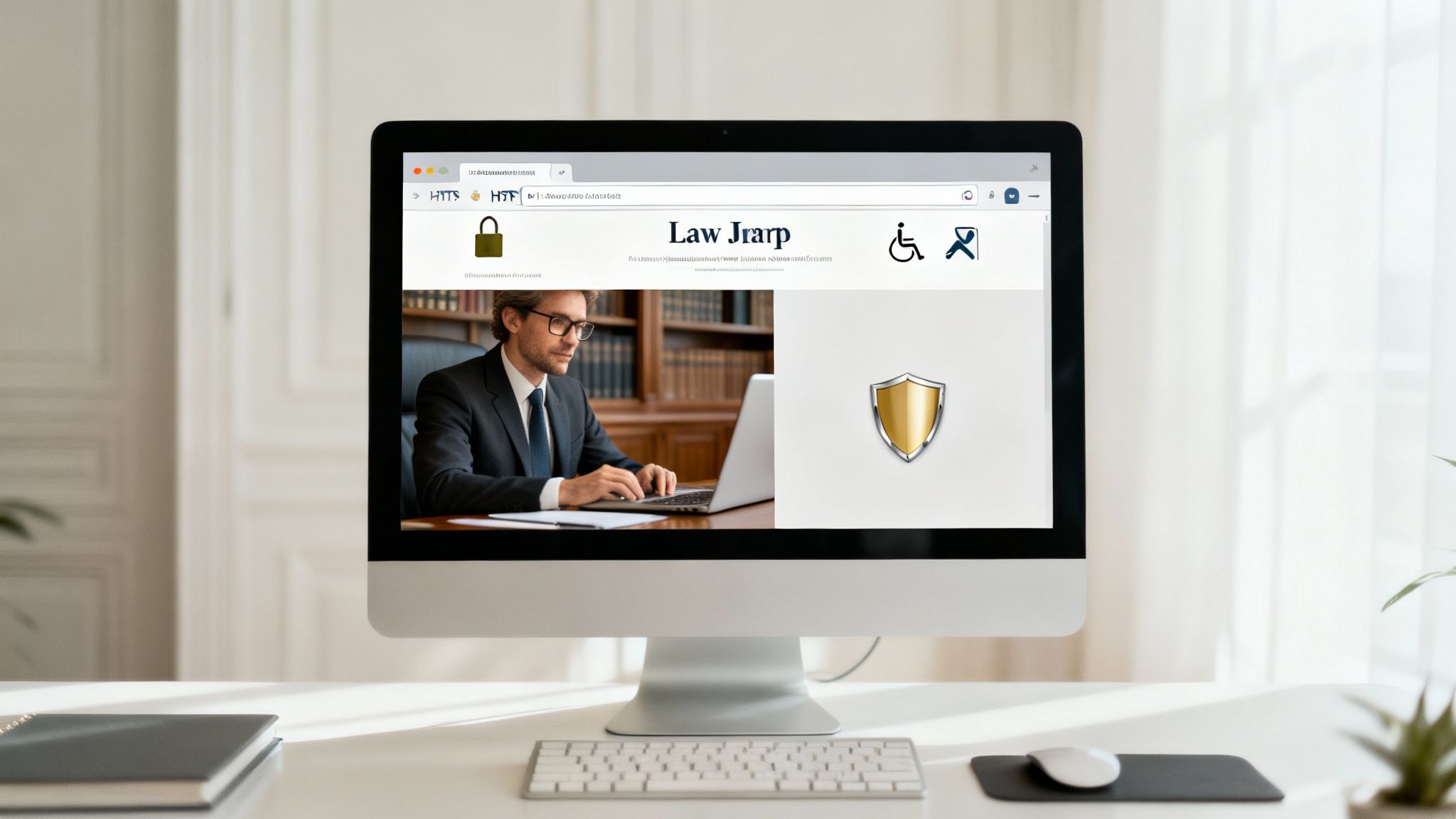 A desktop computer displays a law firm website featuring a lawyer working on a laptop.