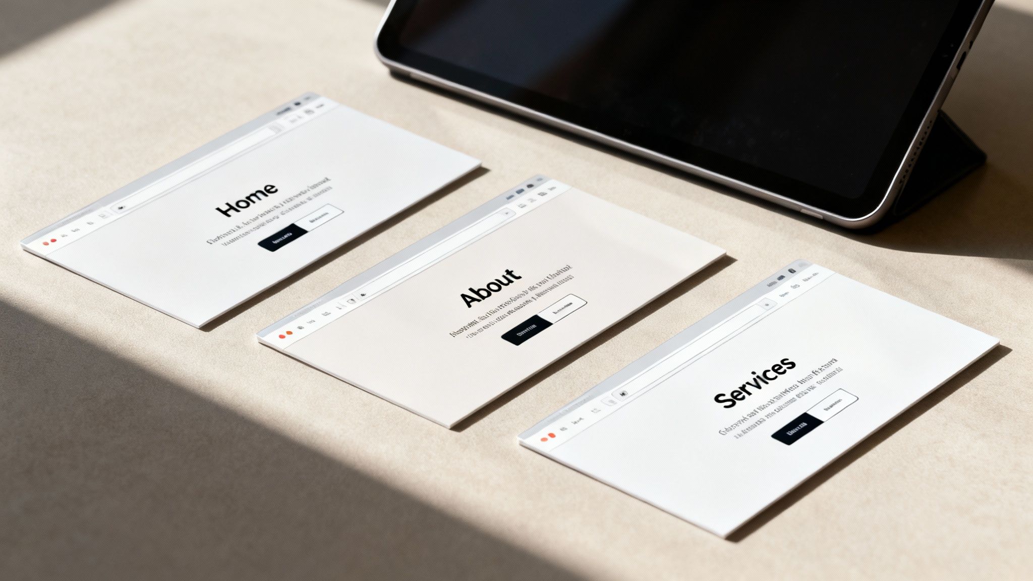 Three website page mockups titled Home, About, Services, displayed on a desk with a tablet.