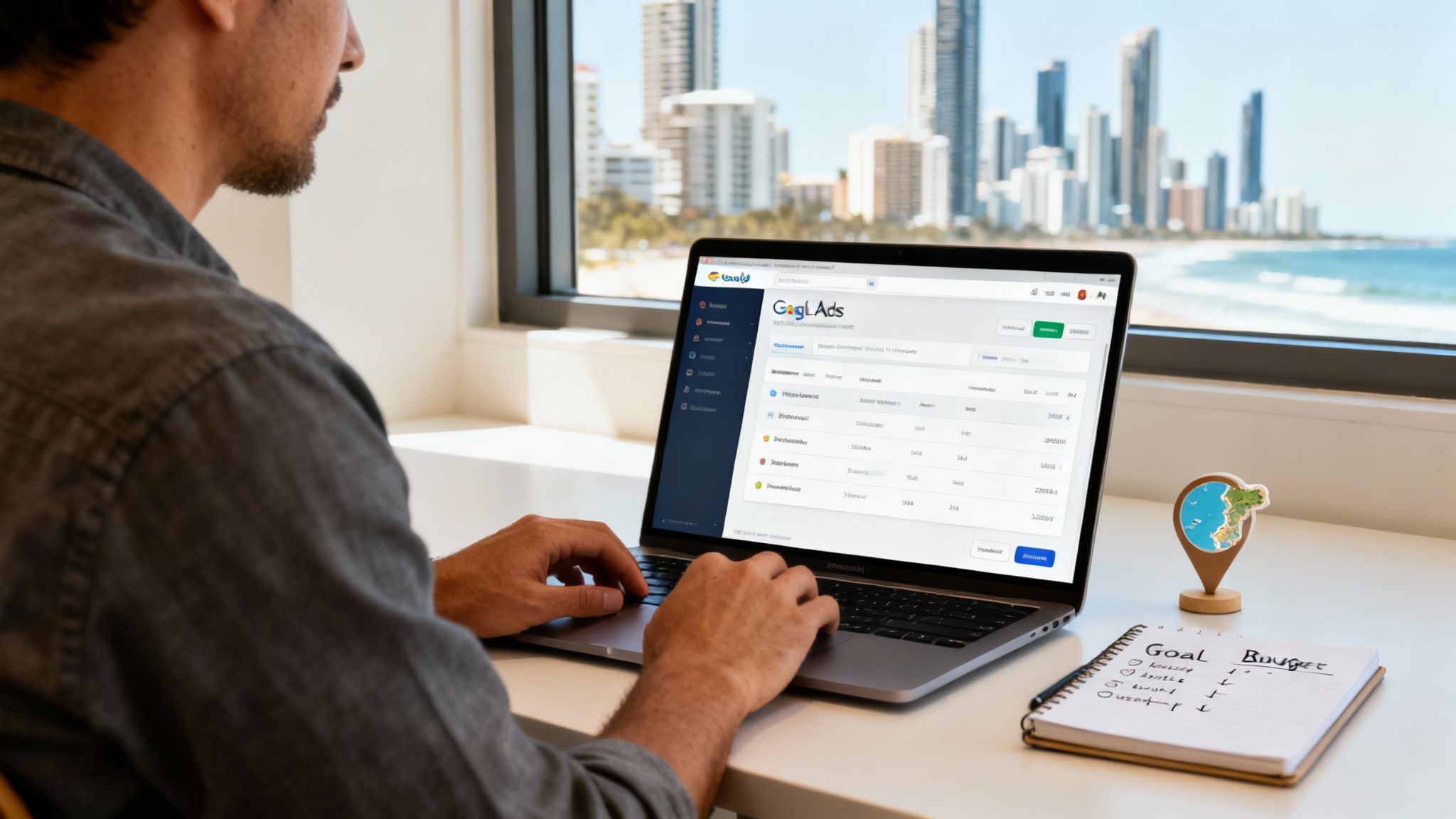 Man working on Gogl Ads on a laptop by a window with a stunning Gold Coast city view.