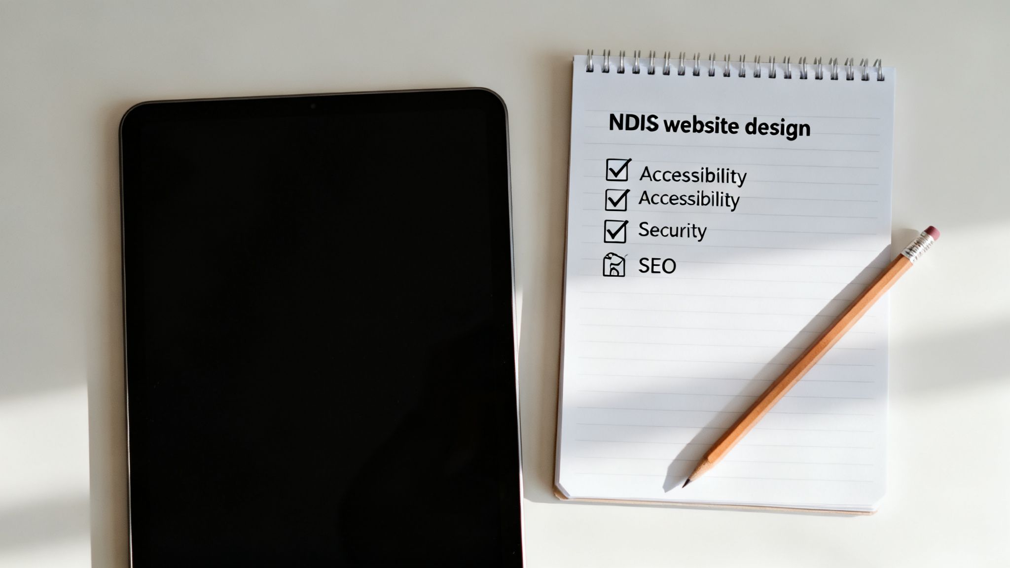 A notebook displays an NDIS website design checklist (Accessibility, Security, SEO) next to a tablet and pencil.