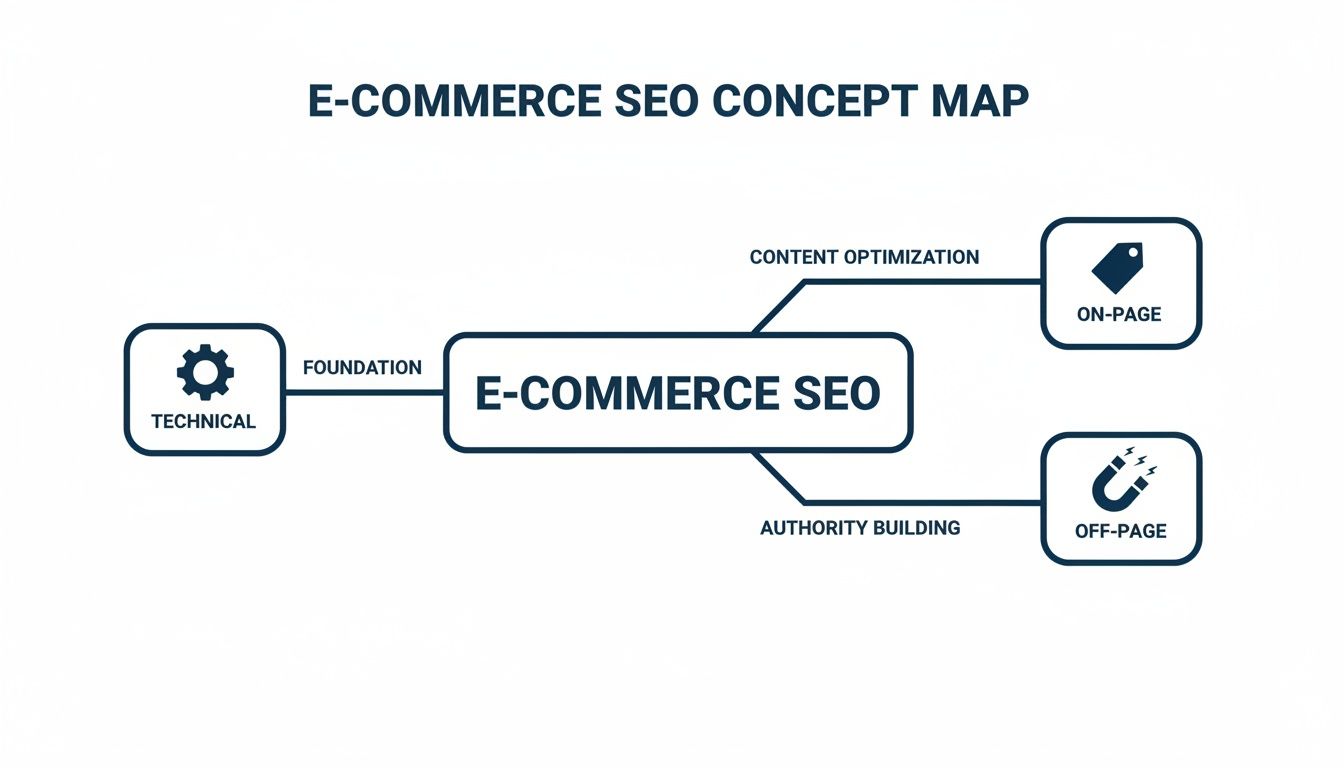 Concept map illustrating E-commerce SEO components: technical foundation, on-page content optimization, and off-page authority building.