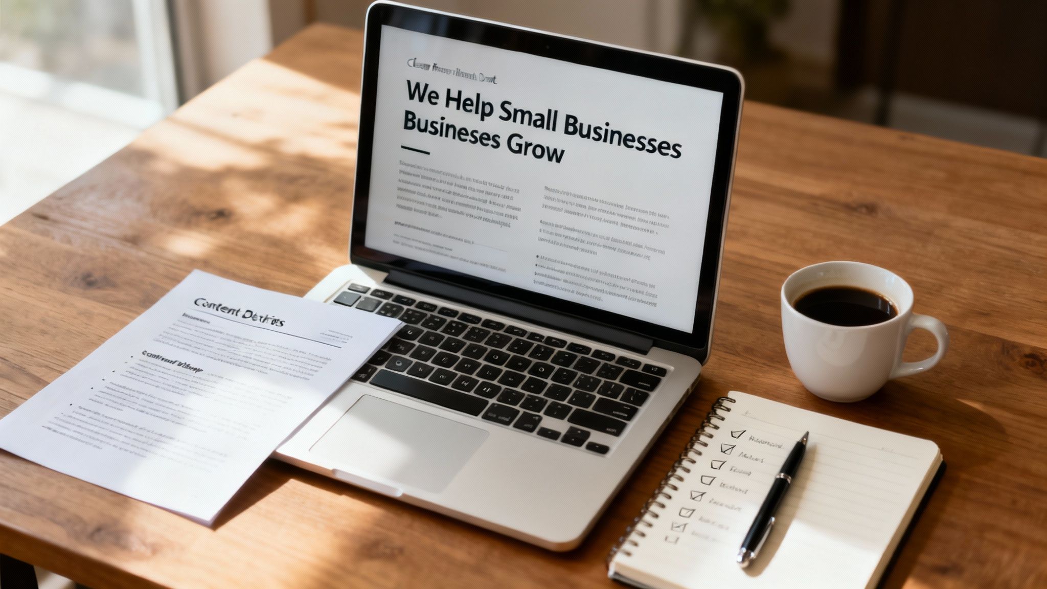 A productive home office setup with a laptop displaying a business growth website, documents, coffee, and a checklist.