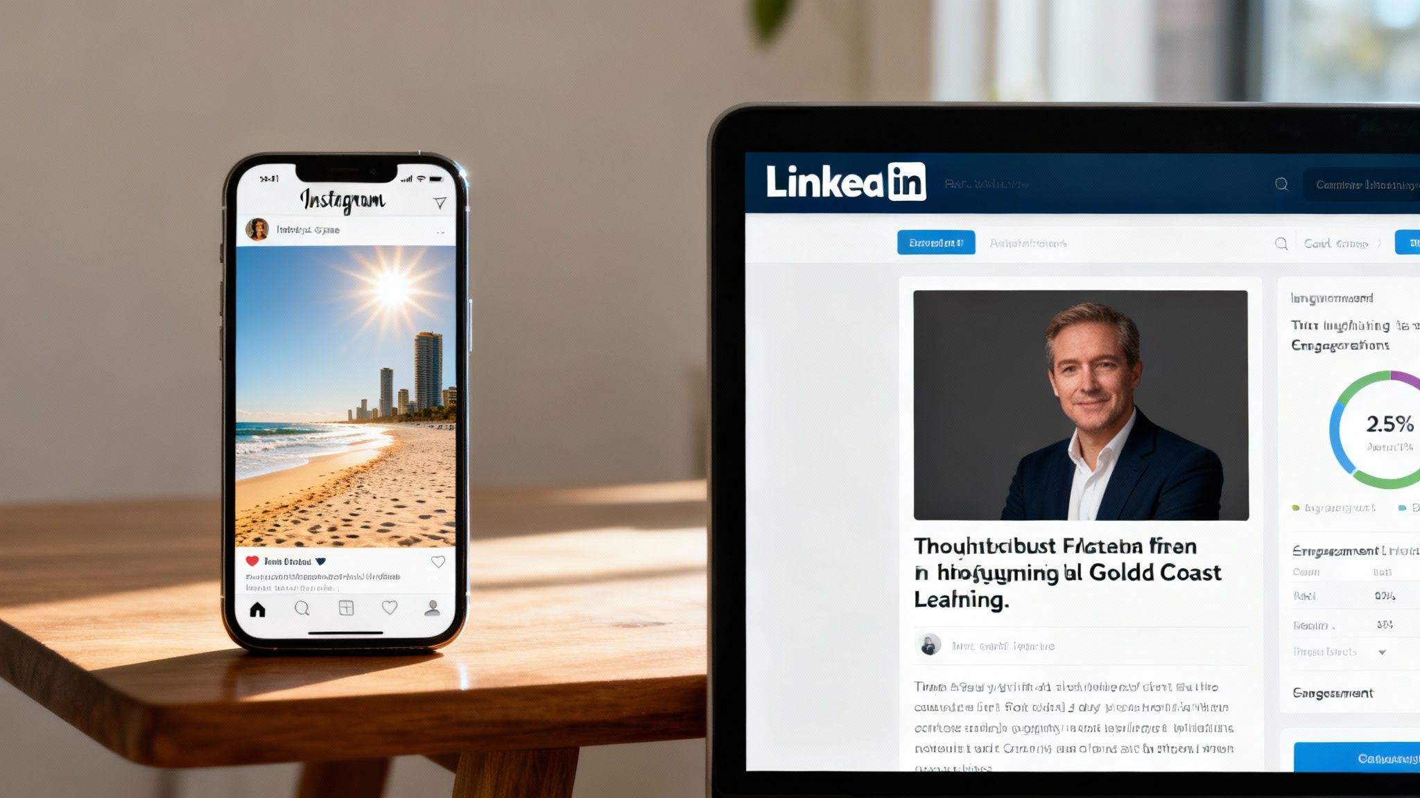 A smartphone with Instagram and a laptop with LinkedIn, showcasing various social media platforms.