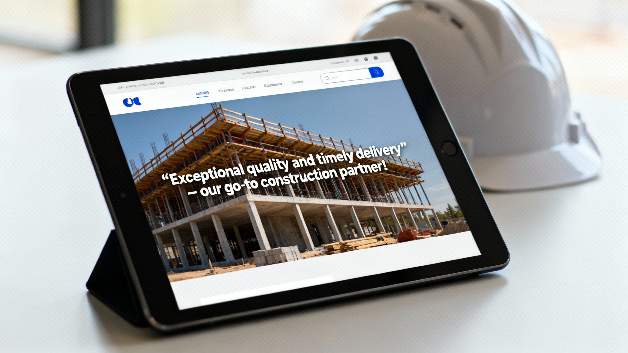 A construction manager and an architect reviewing digital blueprints on a tablet at a sunlit building site.