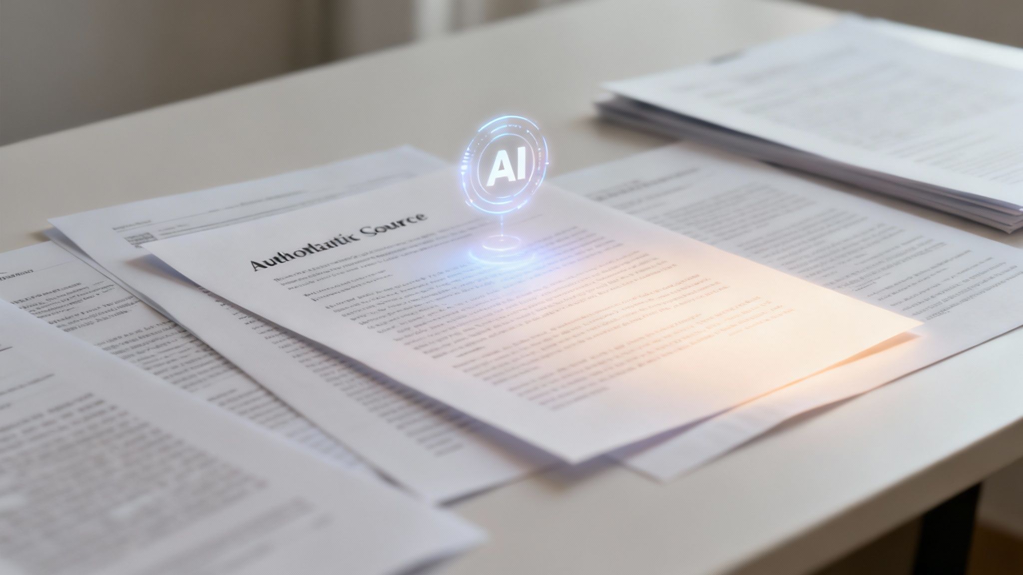 A glowing AI hologram floats above a document titled 'Authoritative Source' on a desk with papers.