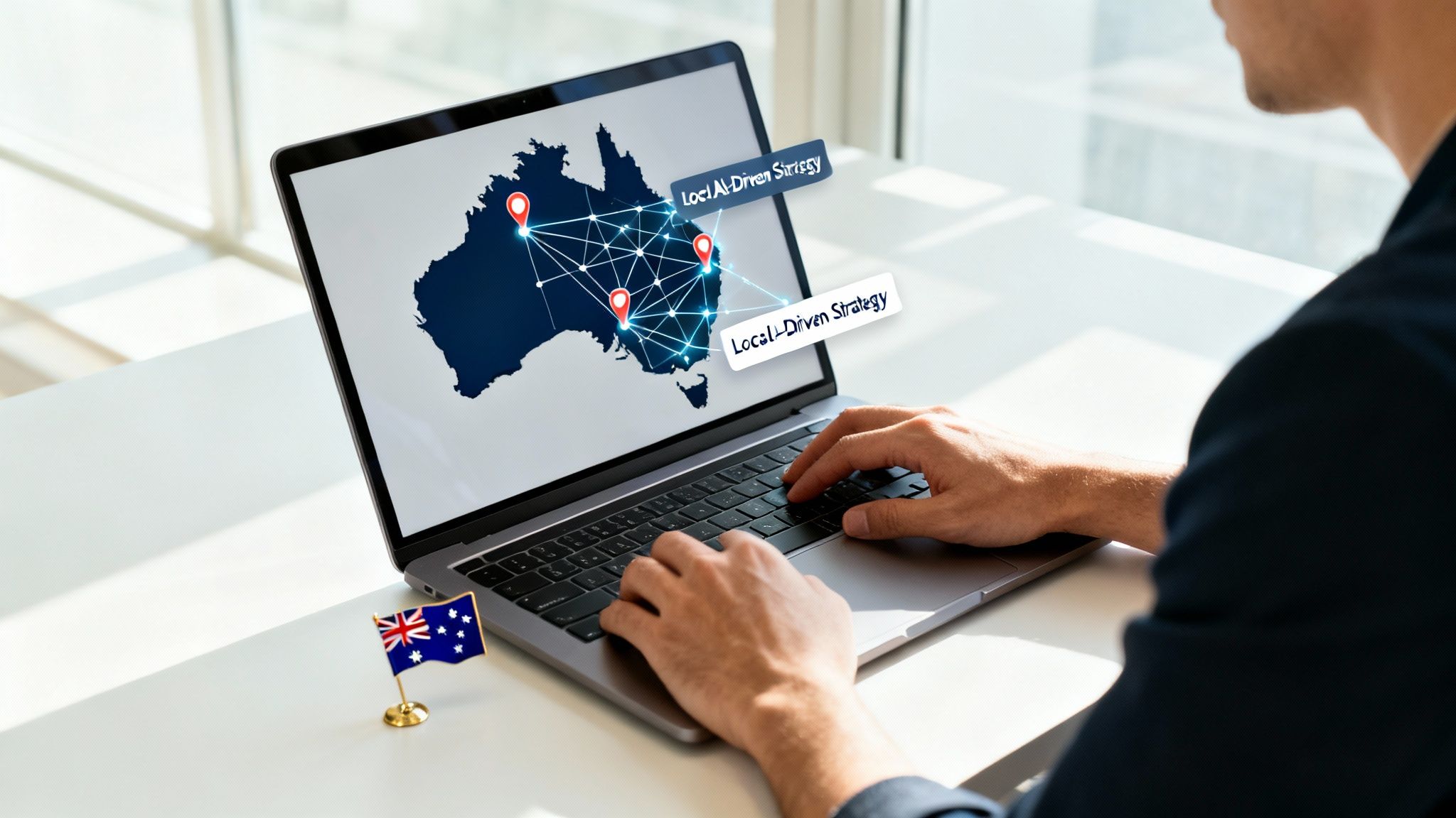 A person types on a laptop showing a map of Australia with local strategy concepts and an Australian flag.