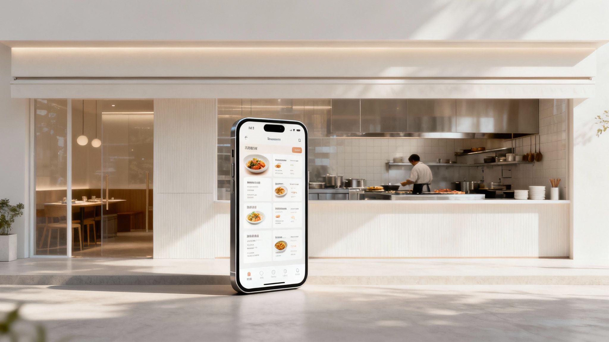 A restaurant owner managing online orders on a tablet in their kitchen
