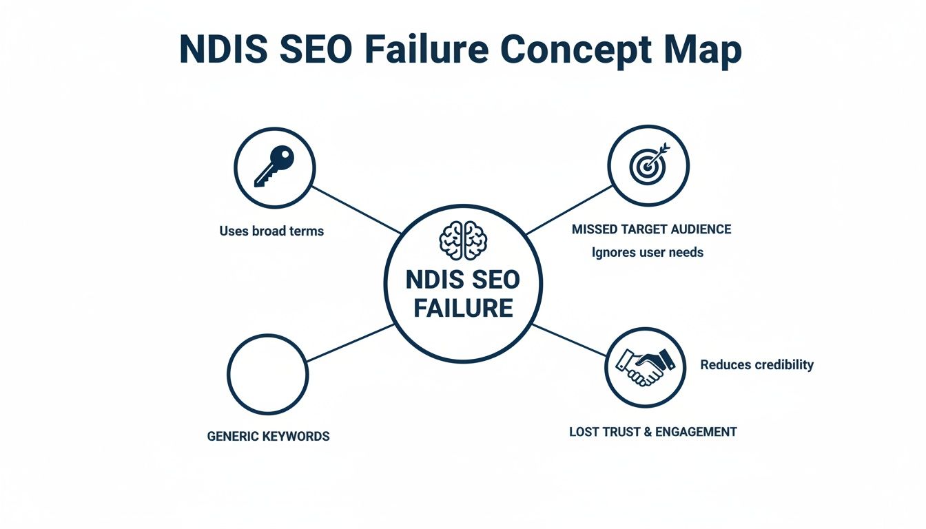 Concept map illustrating NDIS SEO failure causes: broad terms, generic keywords, missed audience, and lost trust.