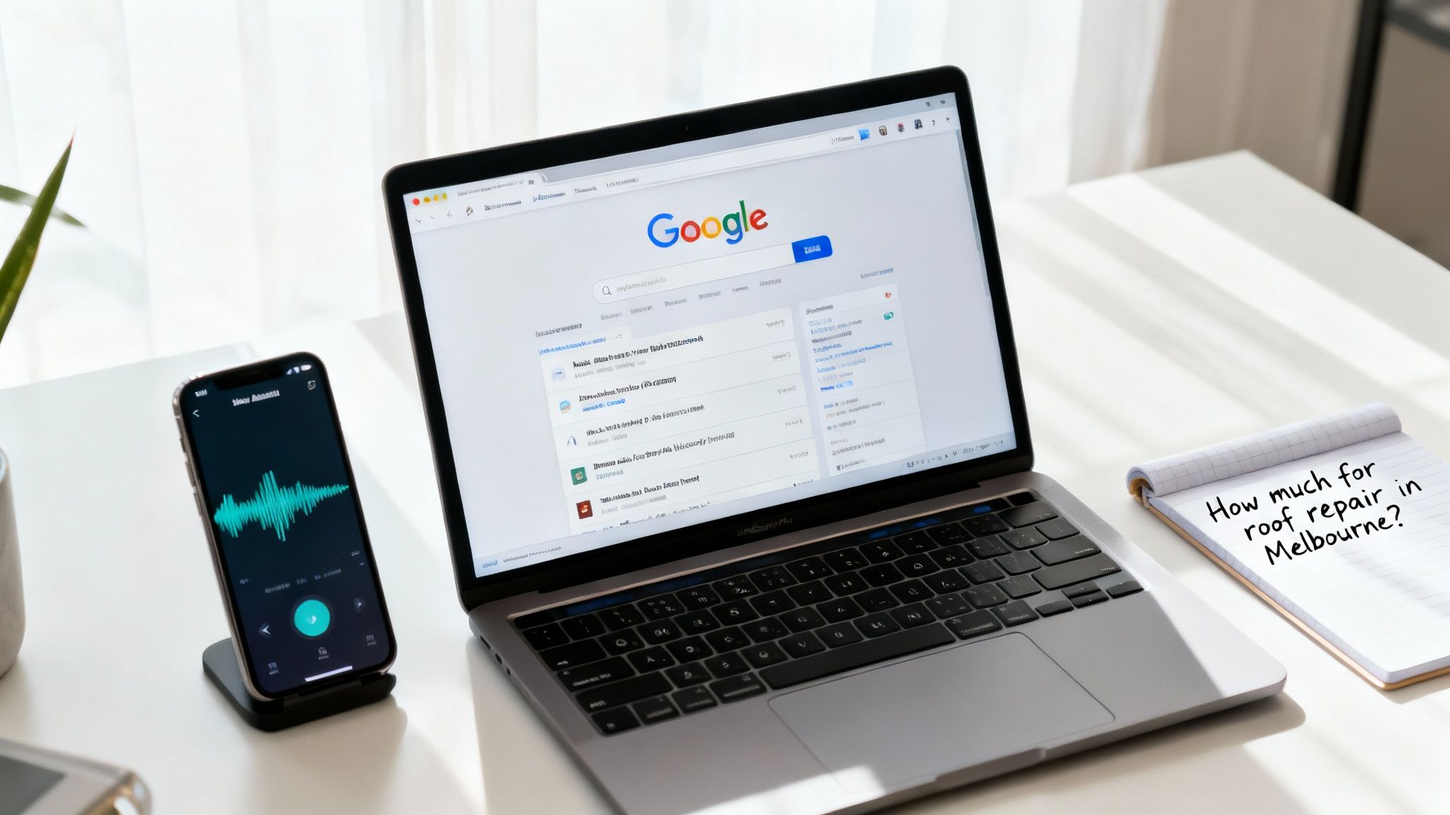 Laptop displaying Google search, a smartphone showing voice search, and a notebook with a query about roof repair.