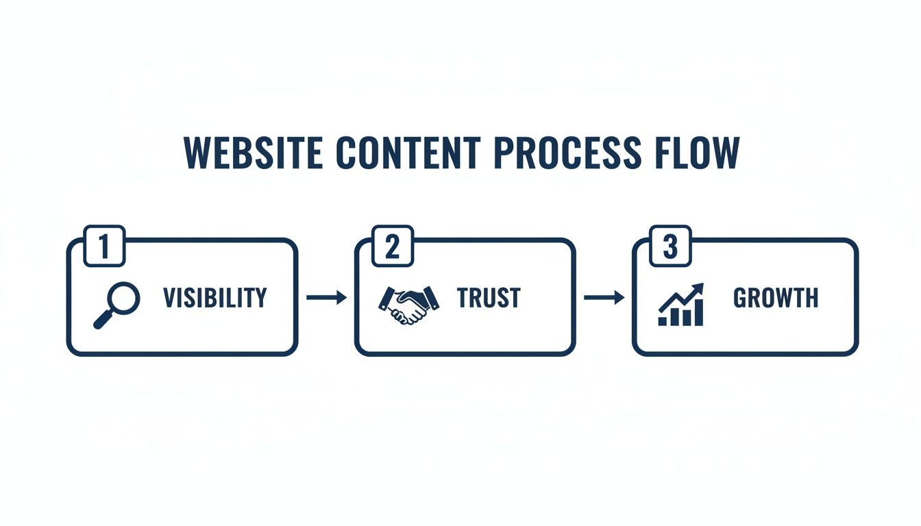 Diagram illustrates a website content process flow with three steps: Visibility, Trust, and Growth.