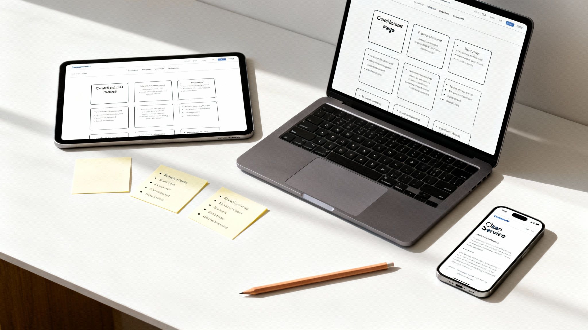 A modern workspace with a tablet, laptop, and smartphone displaying website content, alongside sticky notes and a pencil.