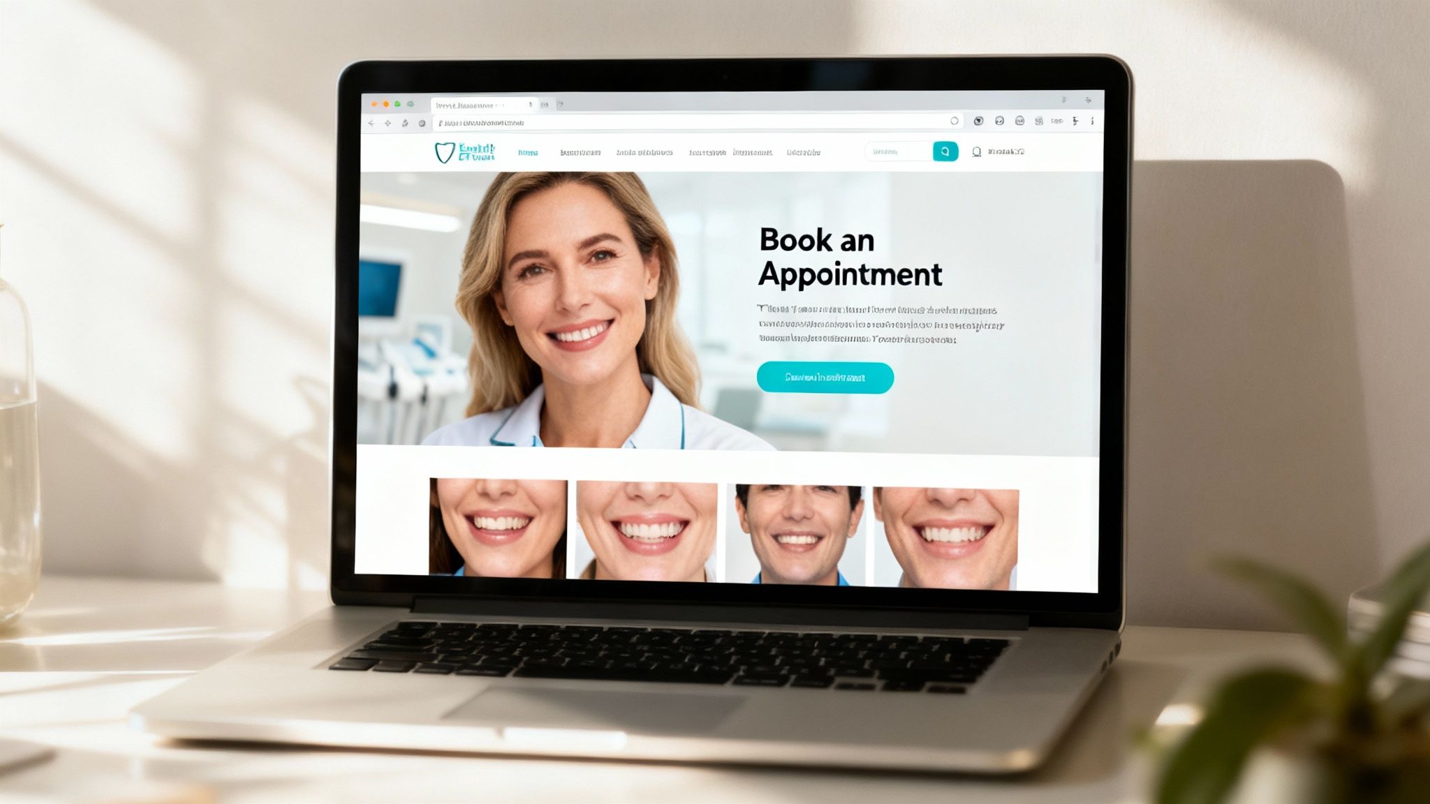 A person using a laptop to book an appointment on a dental website, with a calendar and confirmation checkmark visible.