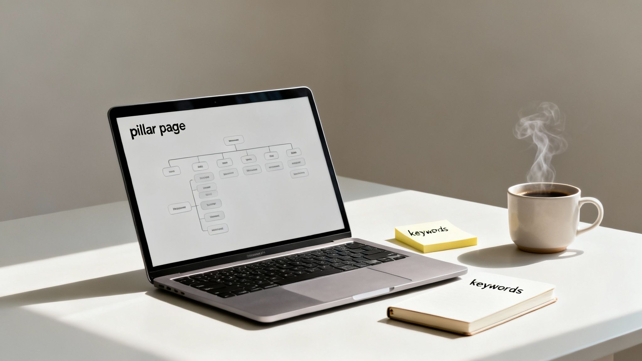 A person writing on a laptop with charts and graphs in the background, representing content strategy and SEO.