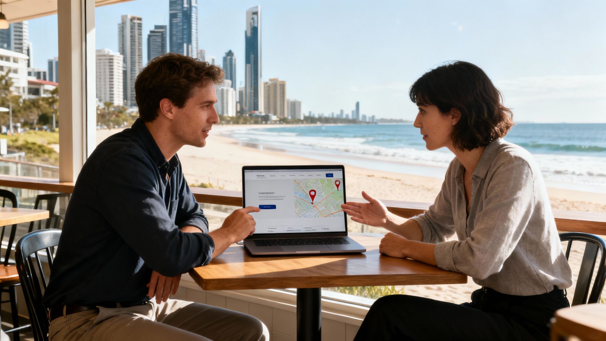 Two people discuss a map on a laptop with a beach and city skyline in the background.