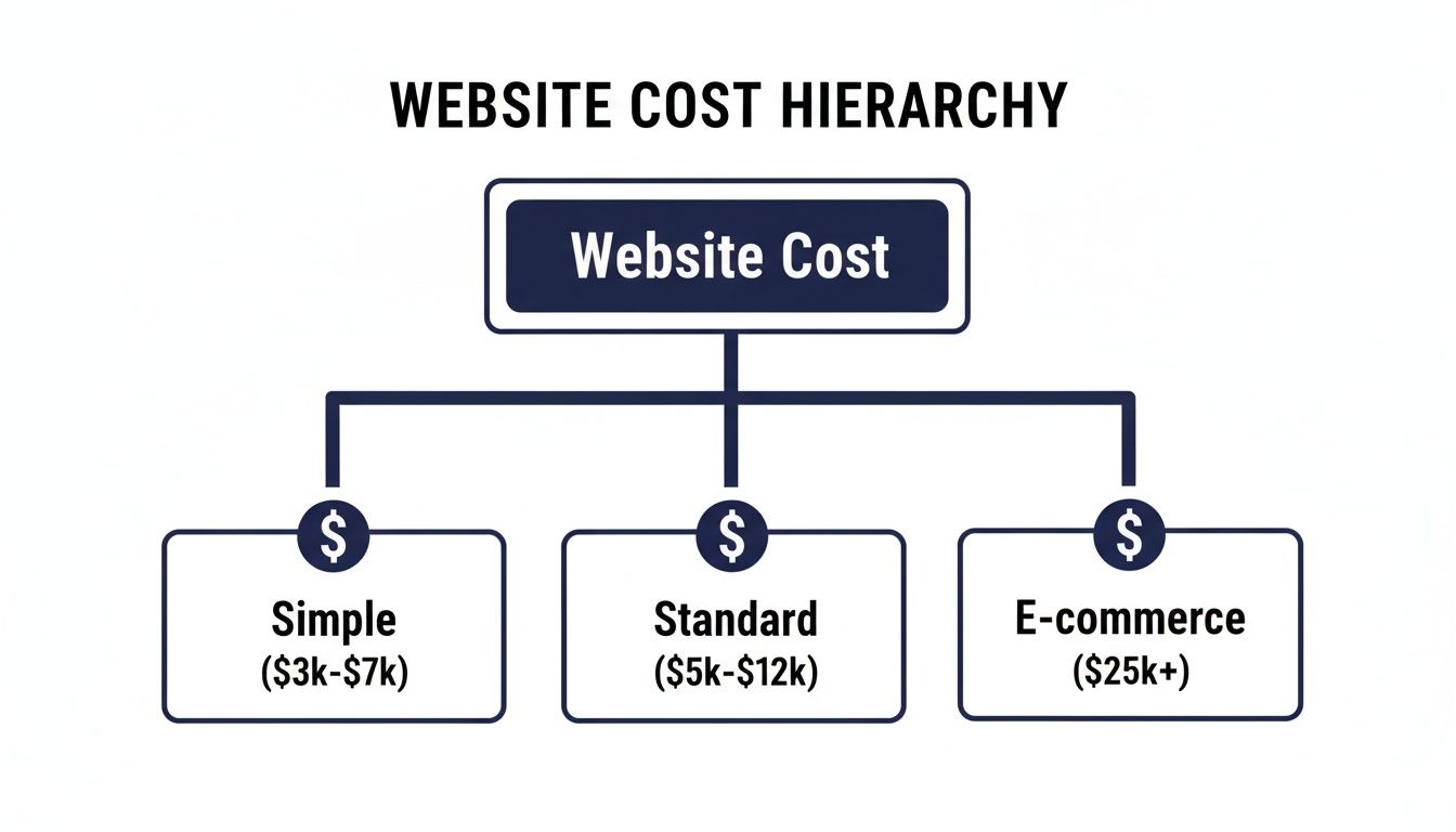 Hierarchy chart illustrating website costs for simple, standard, and e-commerce types.