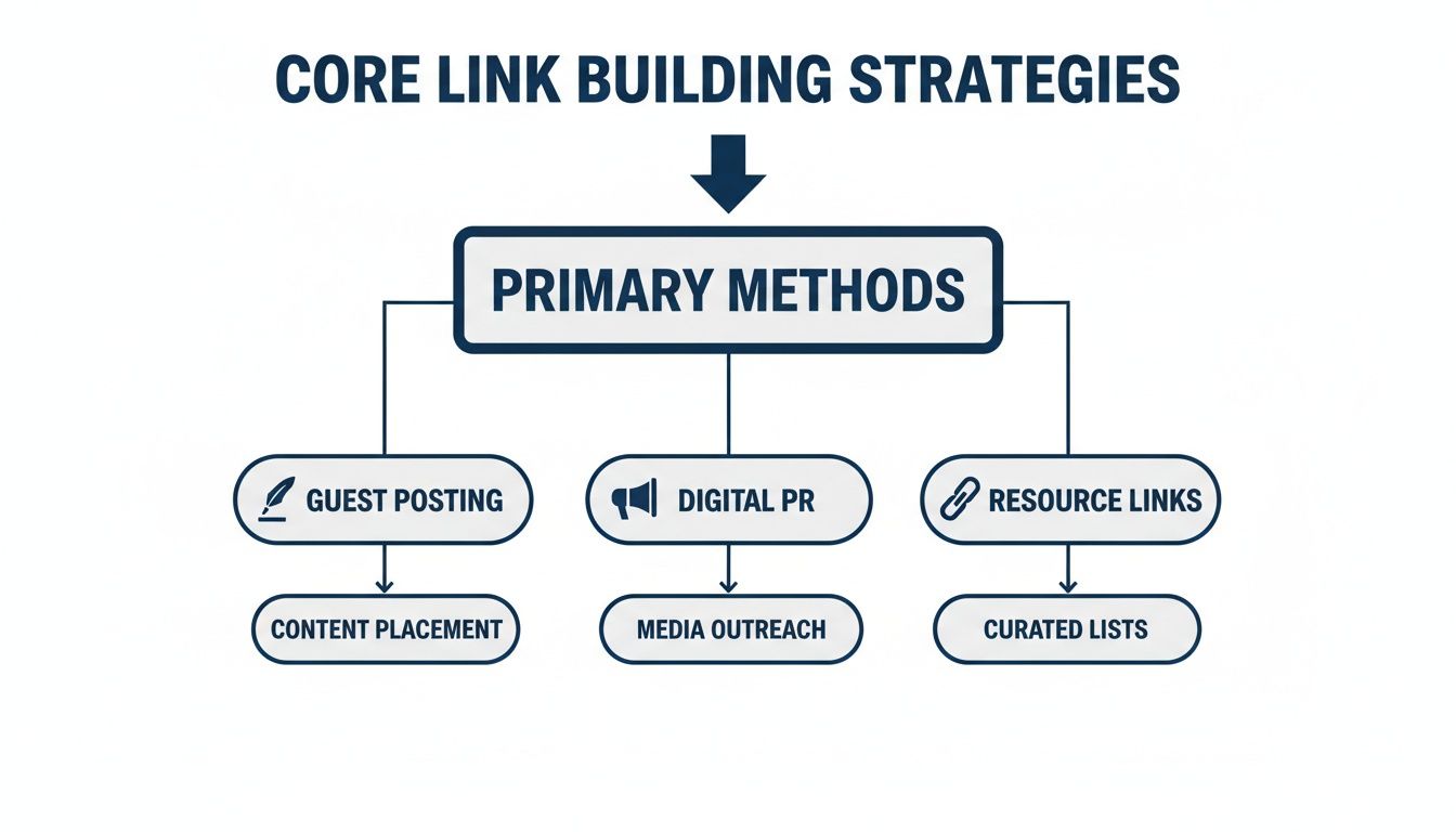 A flowchart illustrating core link building strategies, including guest posting, digital PR, and resource links.
