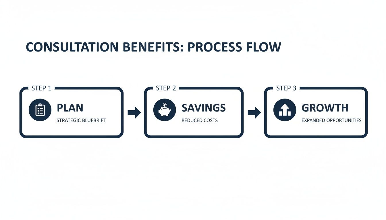A three-step process flow illustrating consultation benefits: Plan, Savings, and Growth with descriptive icons.
