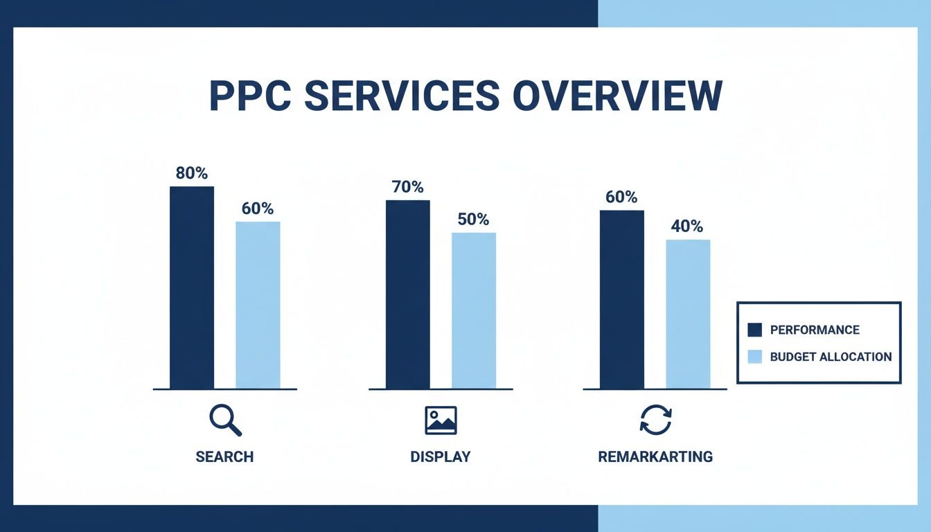 Bar chart showing PPC services overview, comparing performance and budget allocation for search, display, and remarketing.
