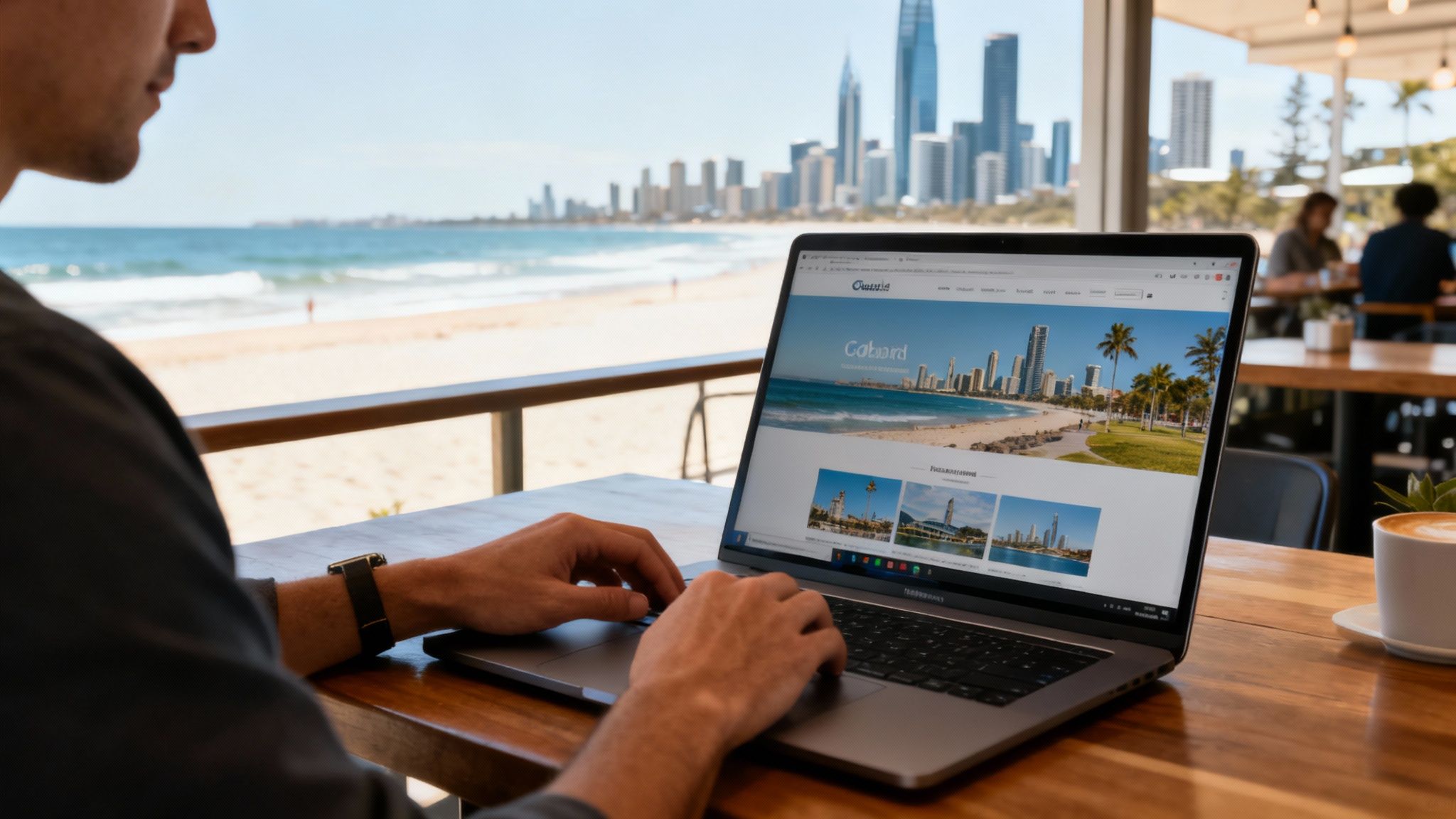 A modern office setting with web designers collaborating on a project on a large screen, reflecting the Gold Coast skyline.