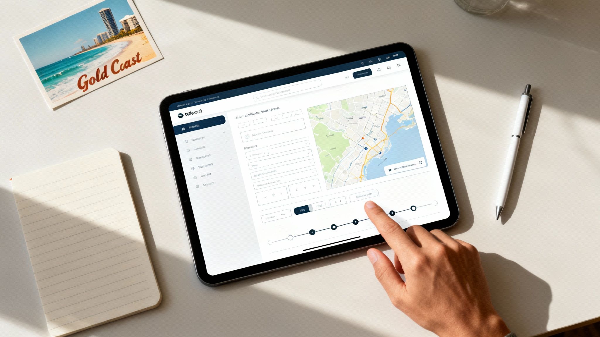 A detailed architectural blueprint on a desk with design tools, symbolising the planning phase of web design.