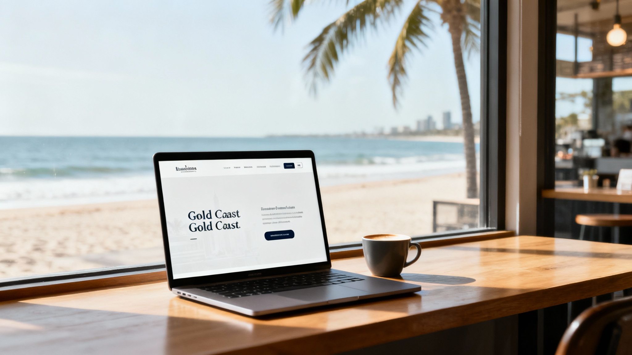 A modern, clean office space with large windows overlooking a city, representing a professional Gold Coast business.