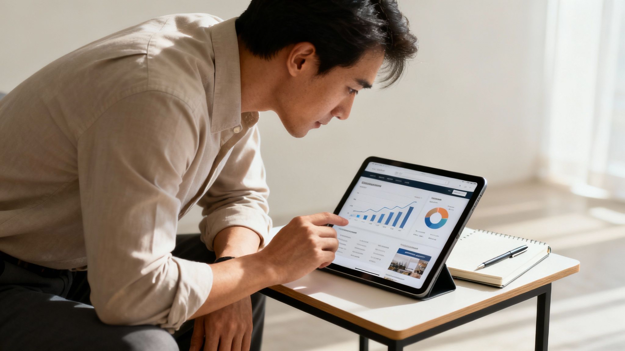 Professional businessman analyzing digital marketing data and performance charts on tablet device