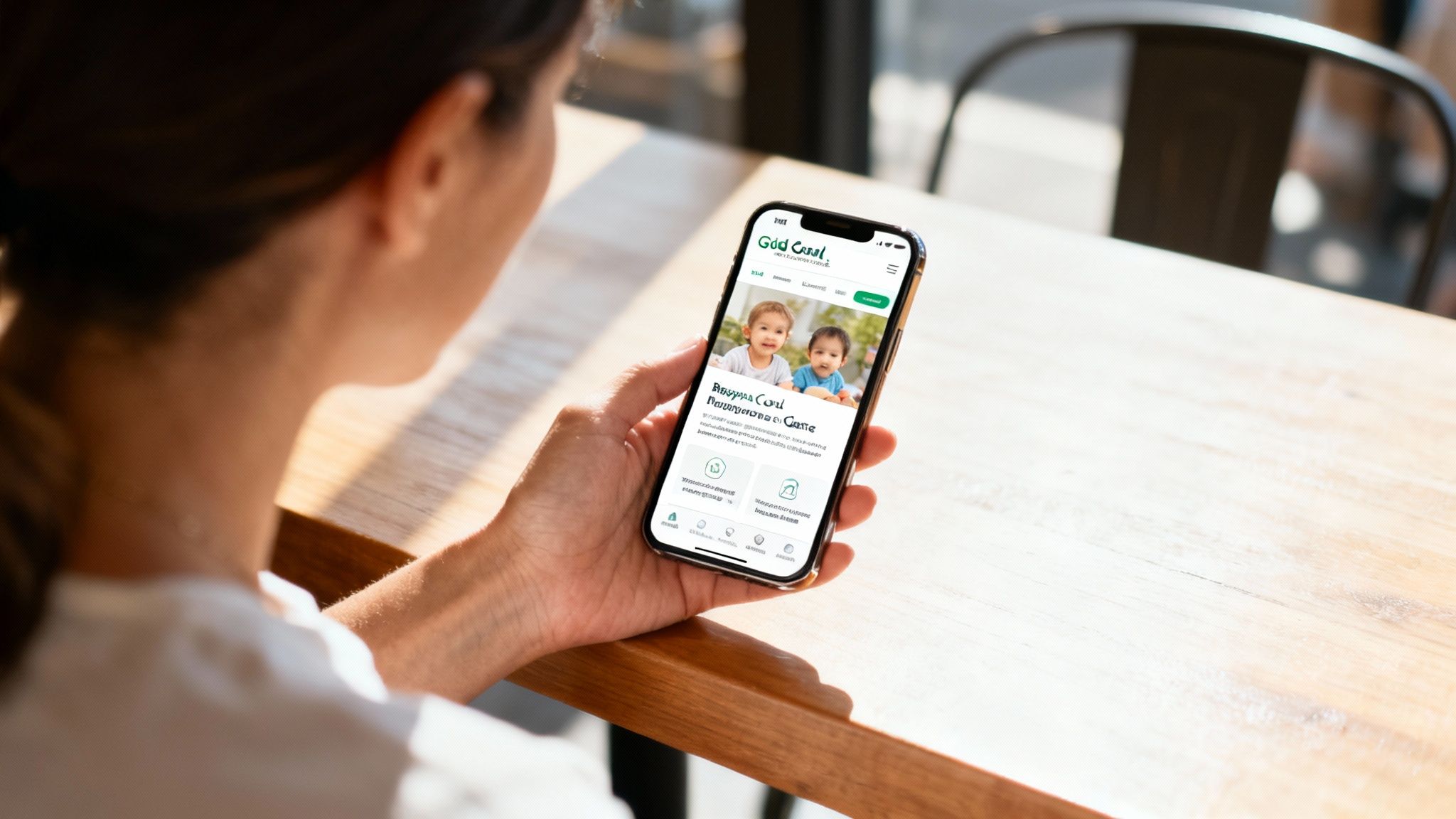 A mother and child using a smartphone together to look at a daycare website.