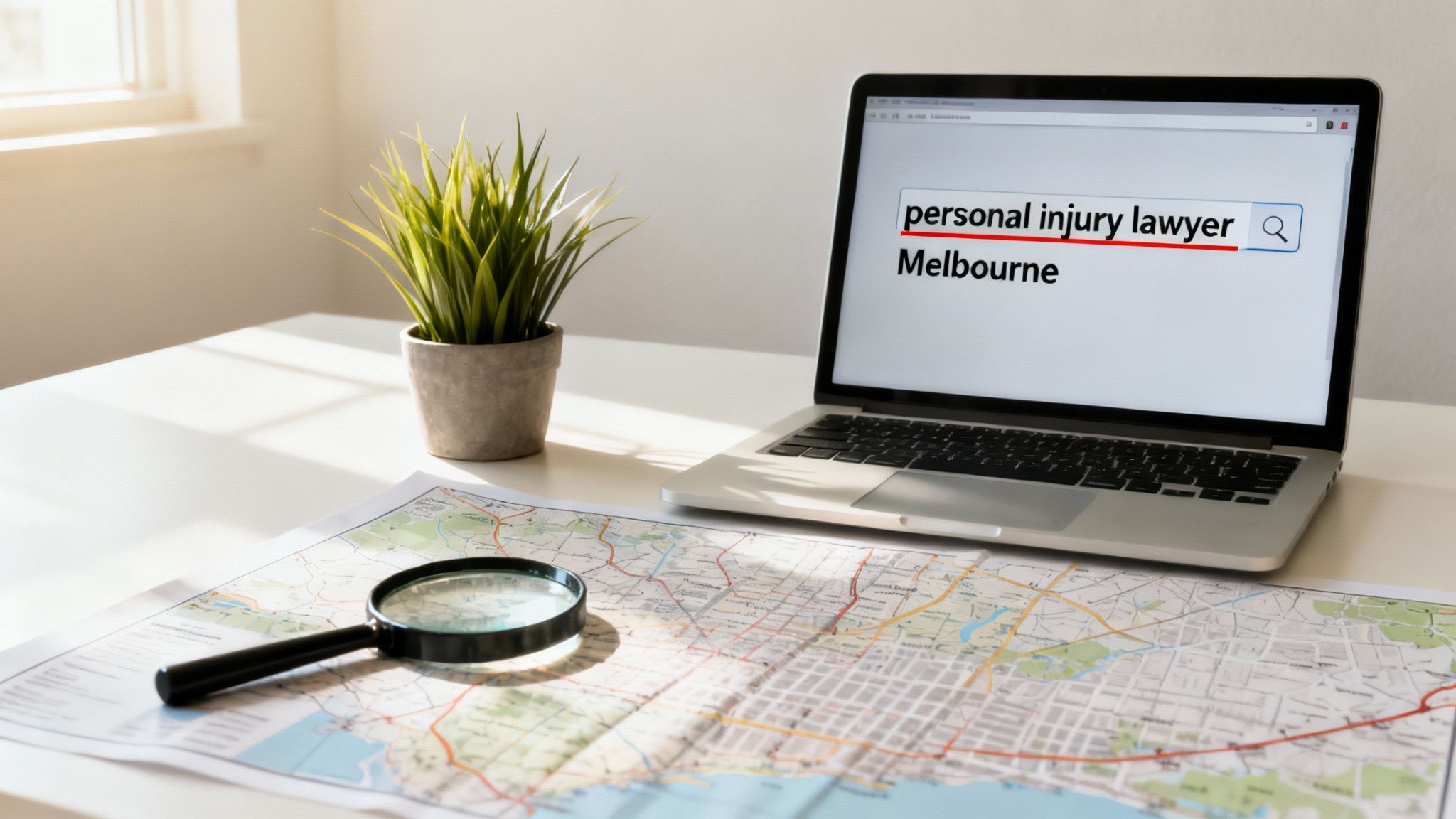 Laptop displaying personal injury lawyer Melbourne search with map and magnifying glass on desk