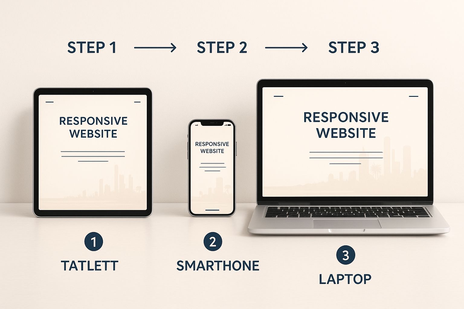 Infographic showing a responsive website on a laptop, tablet, and smartphone with a Gold Coast beach background.