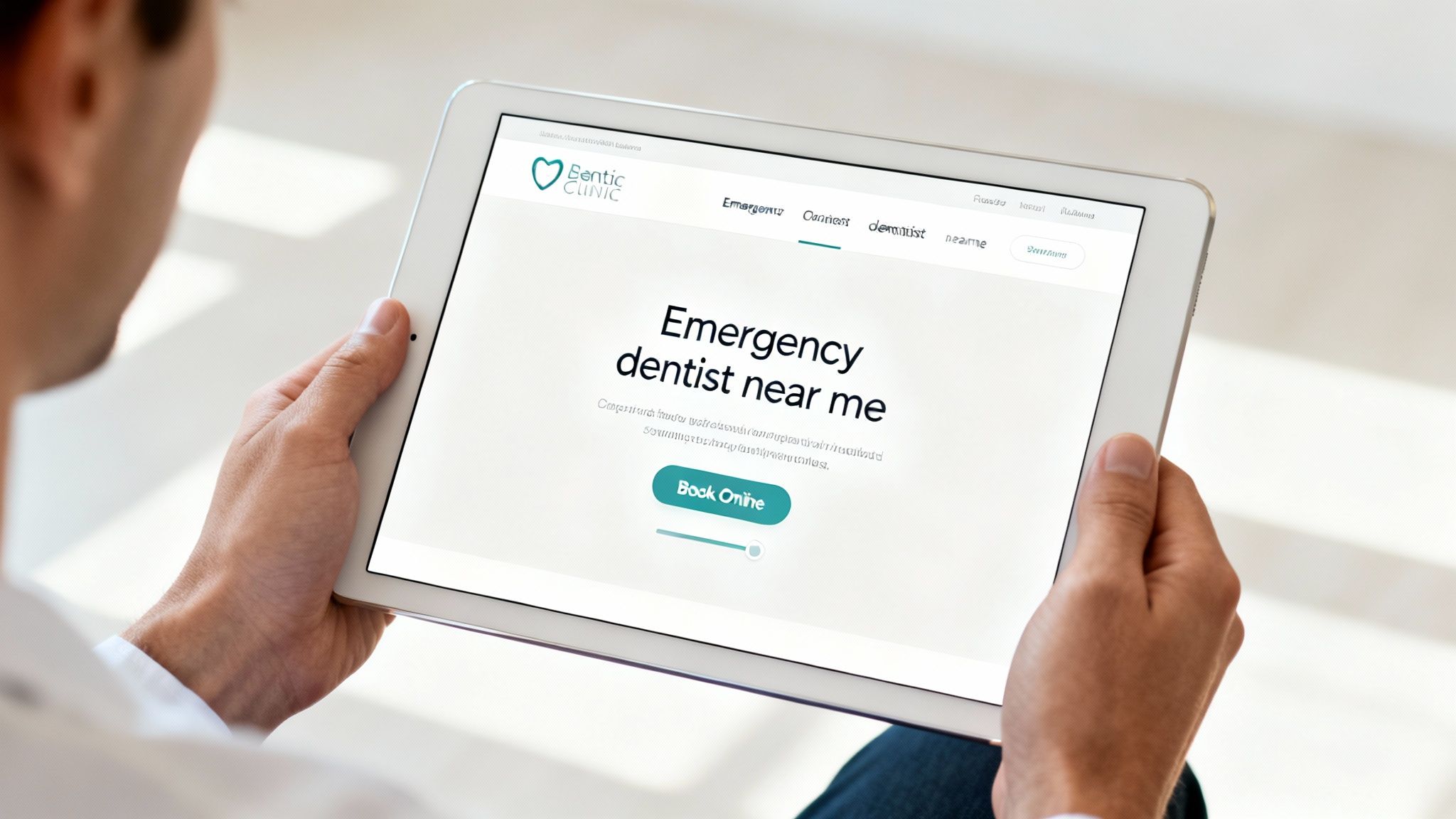 Close-up of a person holding a tablet displaying 'Emergency dentist near me' on a dental clinic website.