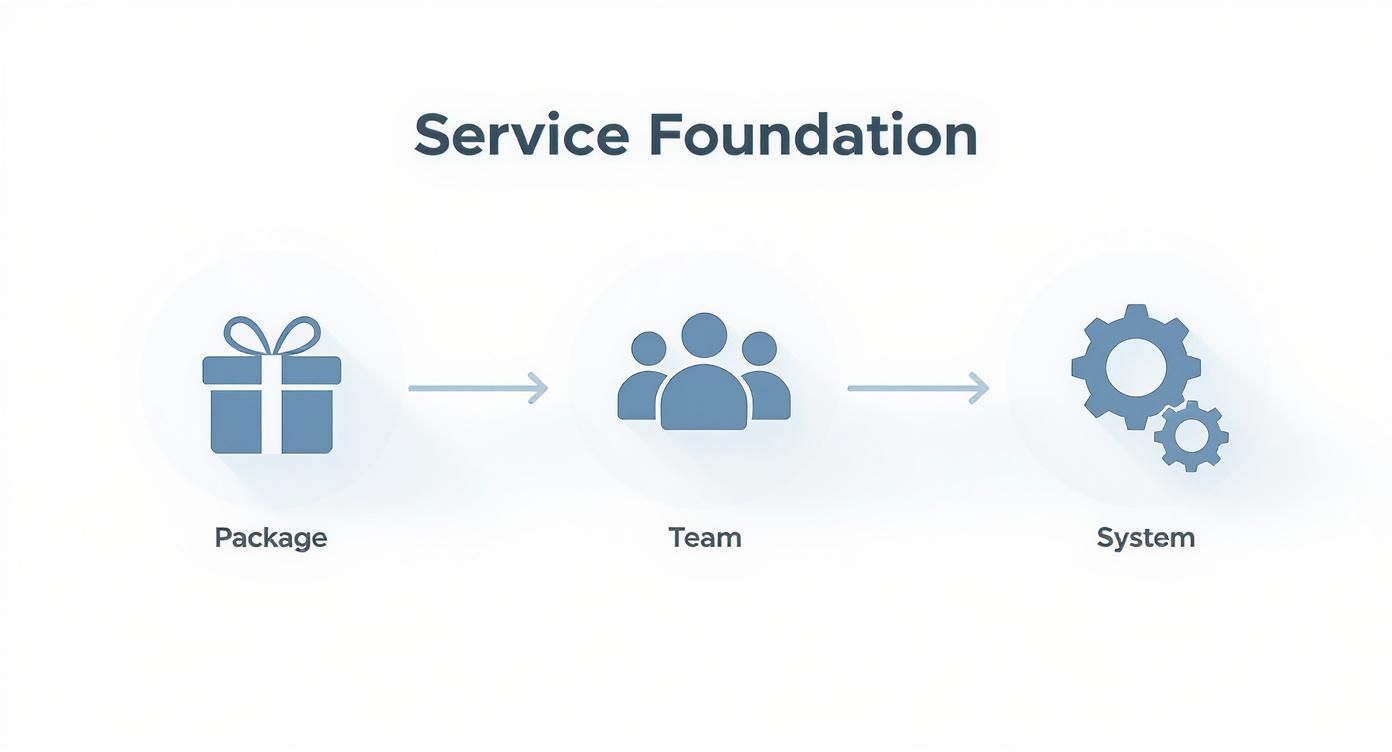 Diagram illustrating Service Foundation process with Package, Team, and System icons.
