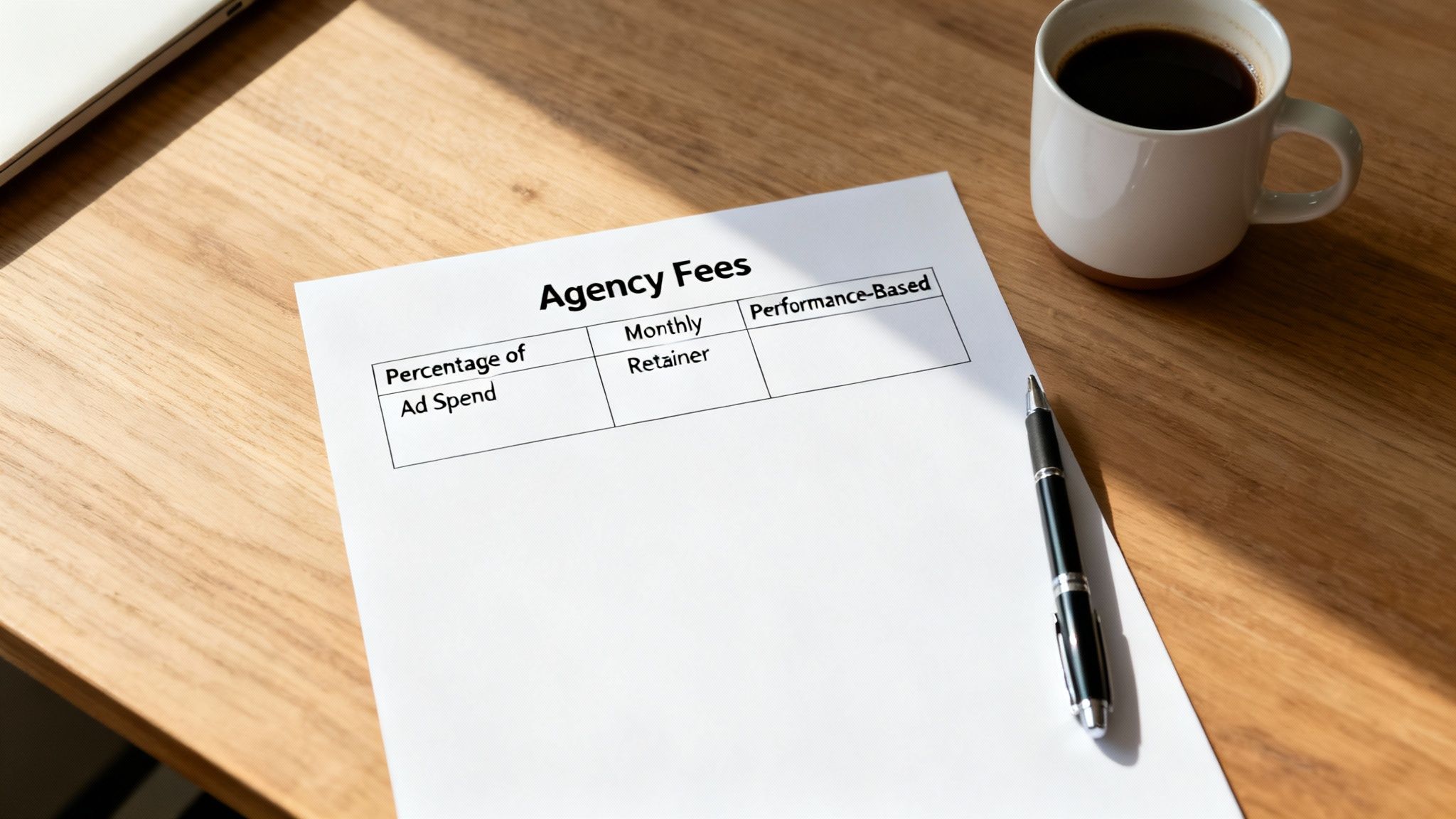 A document titled 'Agency Fees' detailing different payment models, placed on a wooden desk with a pen and coffee.