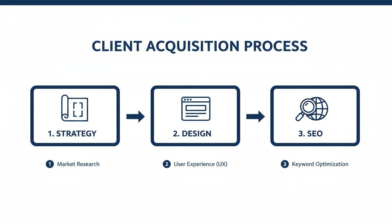 Infographic illustrating the client acquisition process with three steps: Strategy, Design, and SEO, including sub-points.