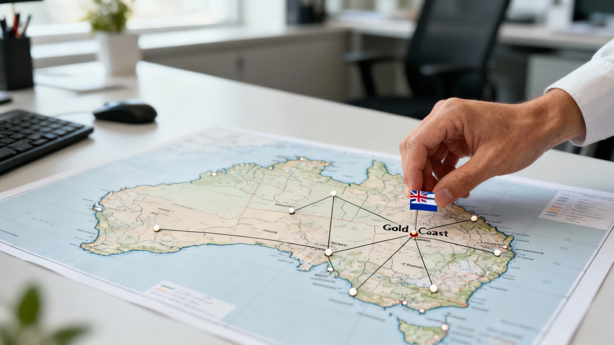 A person's hand places a Queensland flag pin on a detailed map of Australia at Gold Coast, with other connected location pins visible.