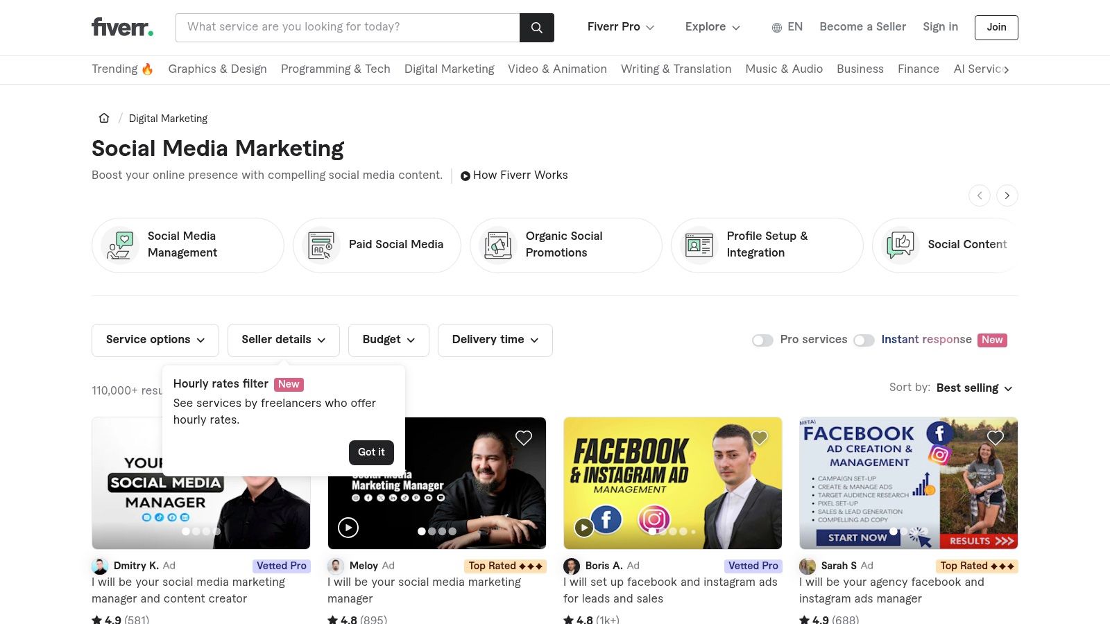 Fiverr user interface showing various social media marketing gigs with pricing and seller ratings.