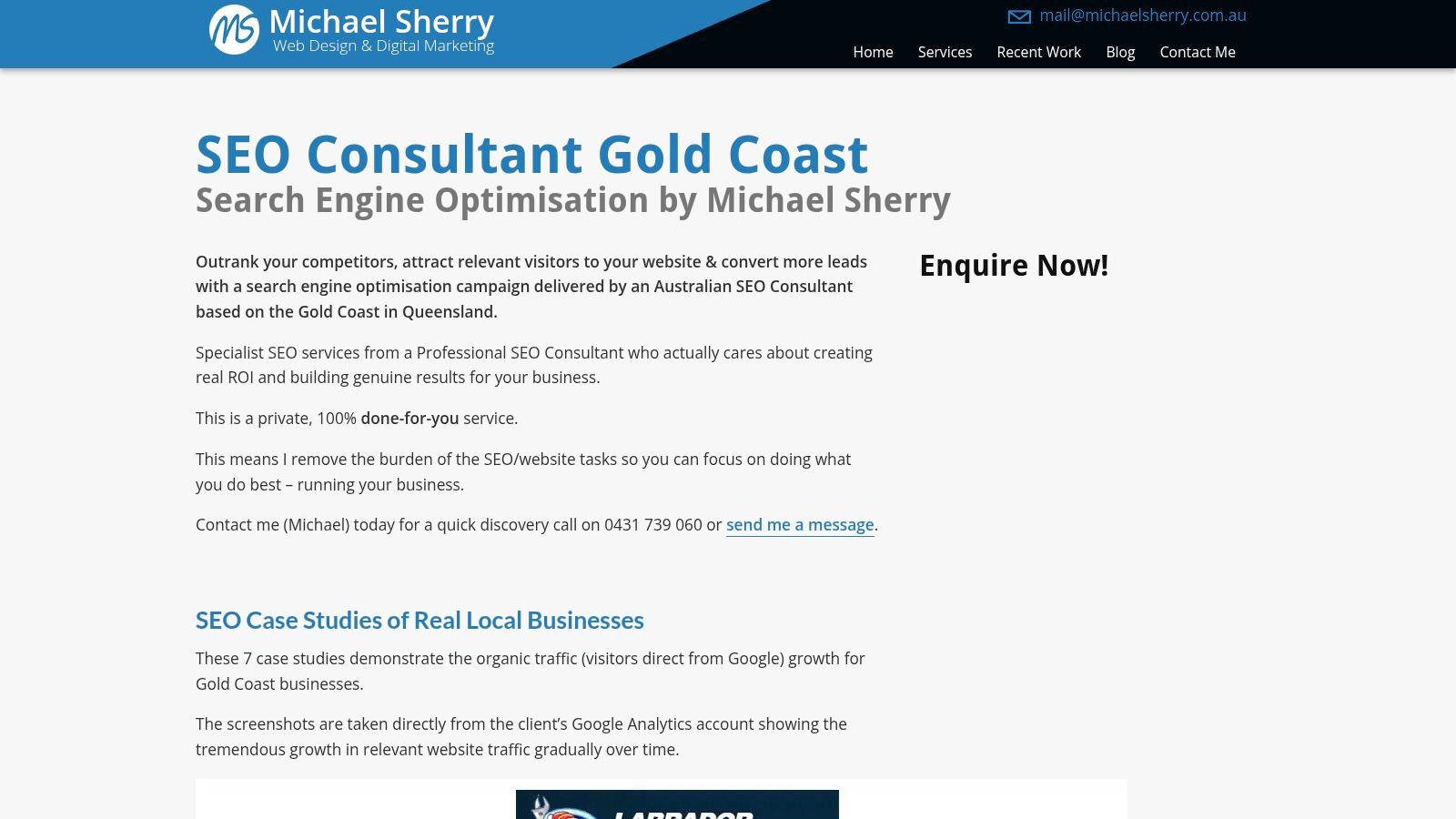 Michael Sherry SEO Consultant homepage showing a consultation offer