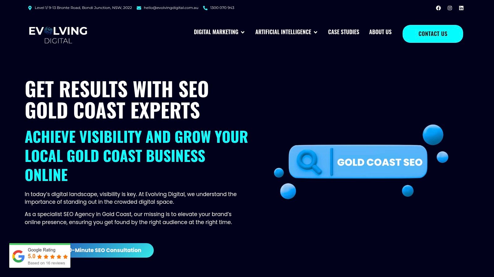 Evolving Digital homepage showing their services